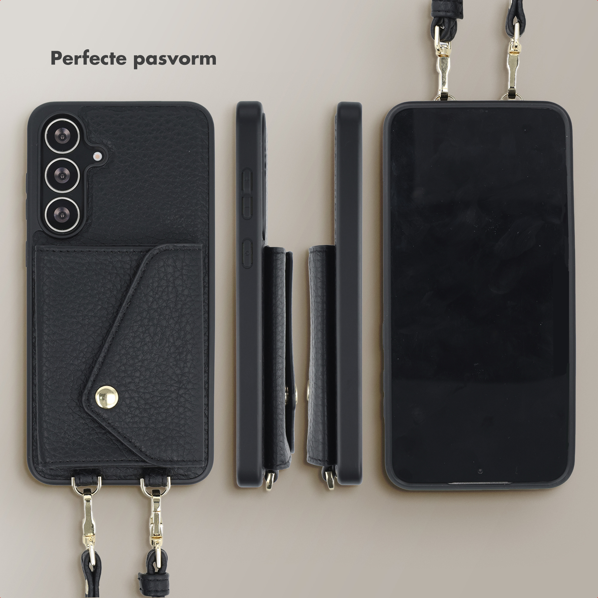 Zwarte telefoonhoesjes met bandjes. Eén heeft een portemonnee. Hoesjes worden van voren, opzij en van achteren getoond. Gouden hardware accenten.