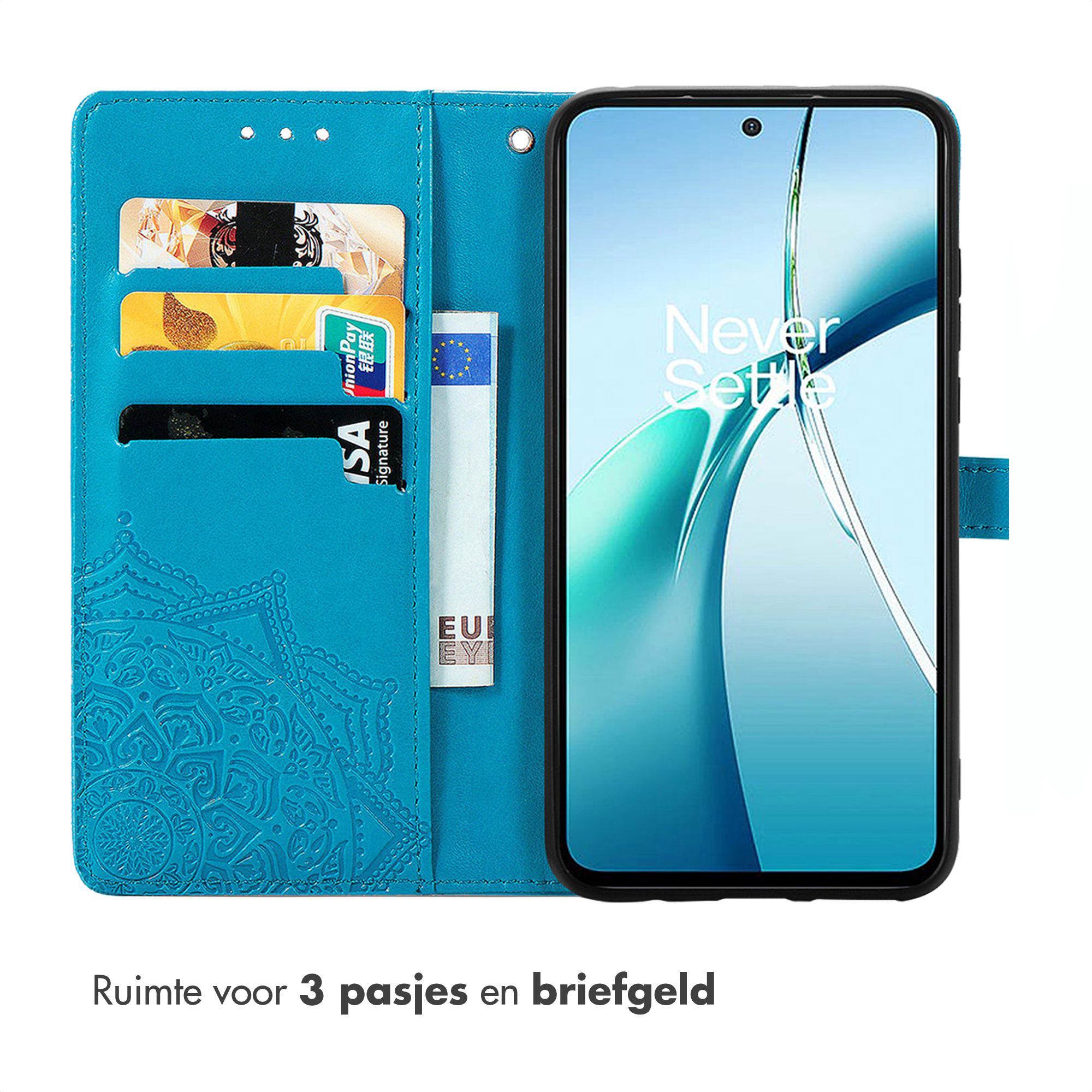 Un étui de téléphone bleu turquoise avec des fentes pour cartes et un téléphone. Le téléphone affiche un fond bleu et blanc avec 'Never Settle'.