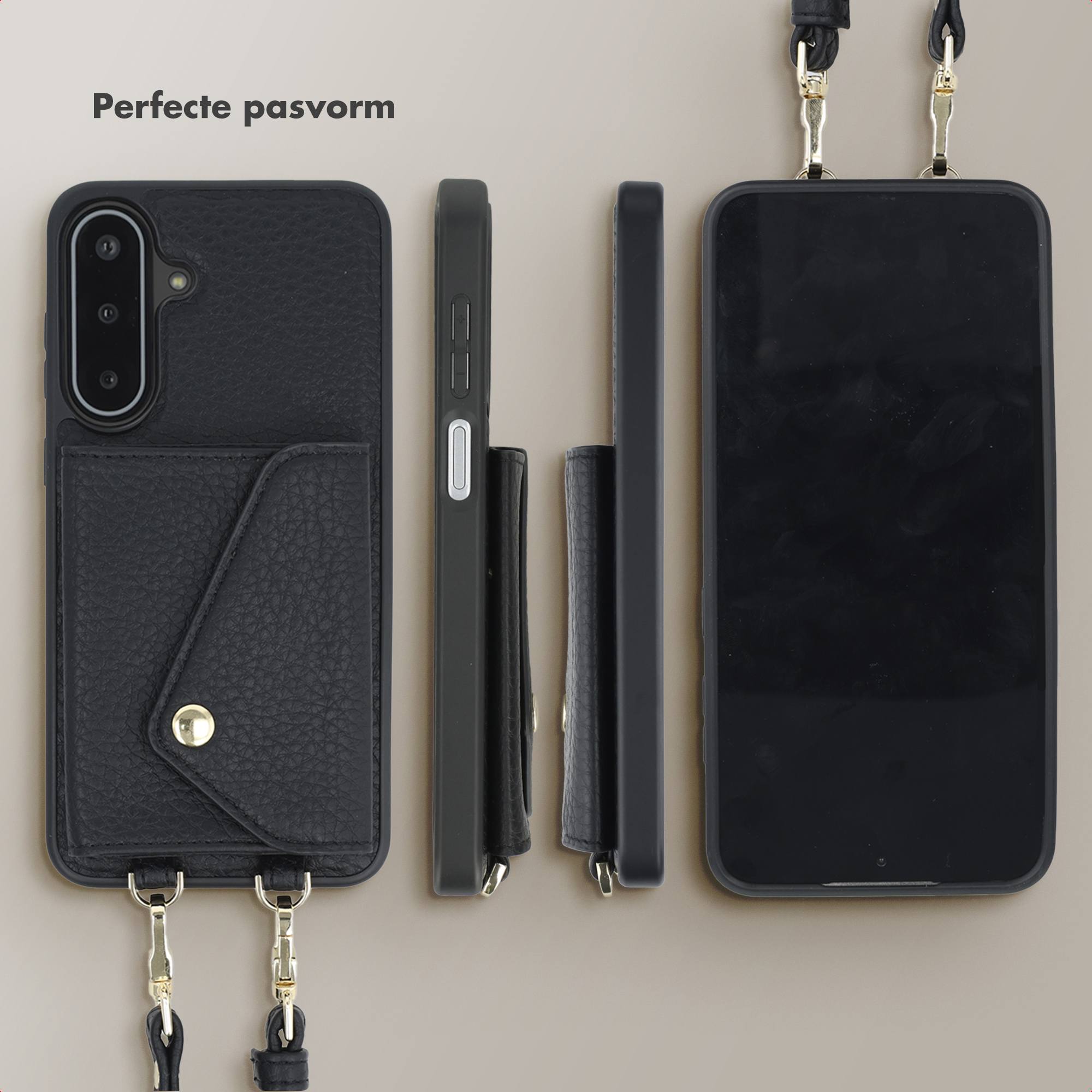 Zwarte telefoonhoesjes met band, in verschillende weergaven. Eén heeft een zakje en een gouden knoop. Alle tonen een perfecte pasvorm.