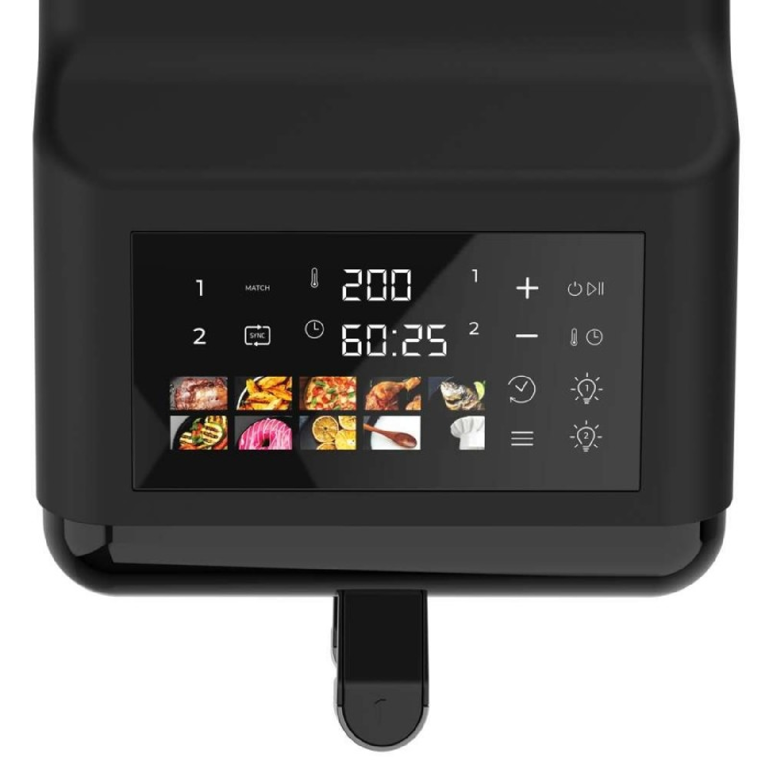 Primer plano del panel de control de una freidora negra que muestra temperatura, tiempo y opciones de cocción con iconos de alimentos.