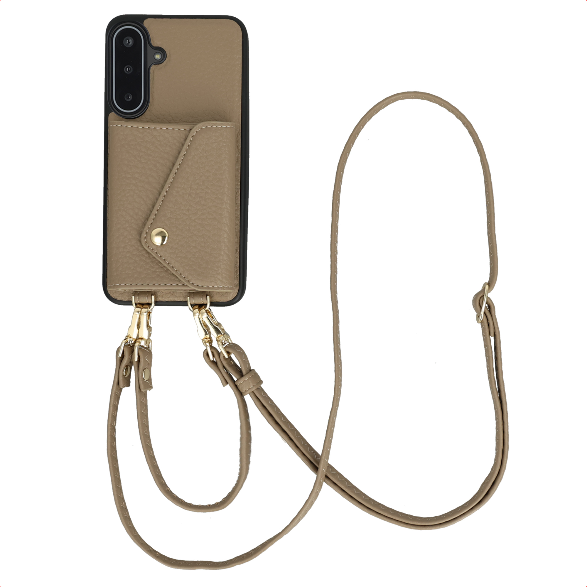 Een bruin telefoonhoesje met een band. Het heeft een kaarthouder en gouden hardware.