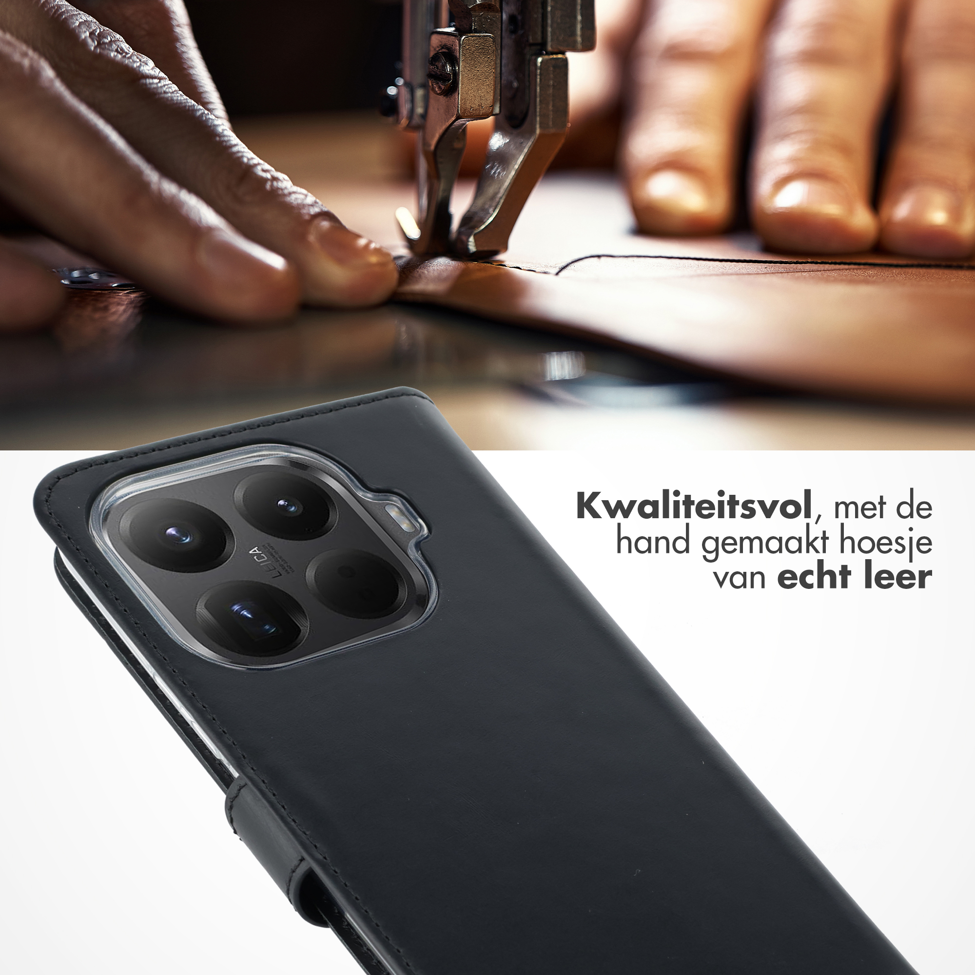 Er wordt een telefoonhoesje gestikt. De telefoonhoes is zwart. De achtergrond is een hand met een naaimachine.