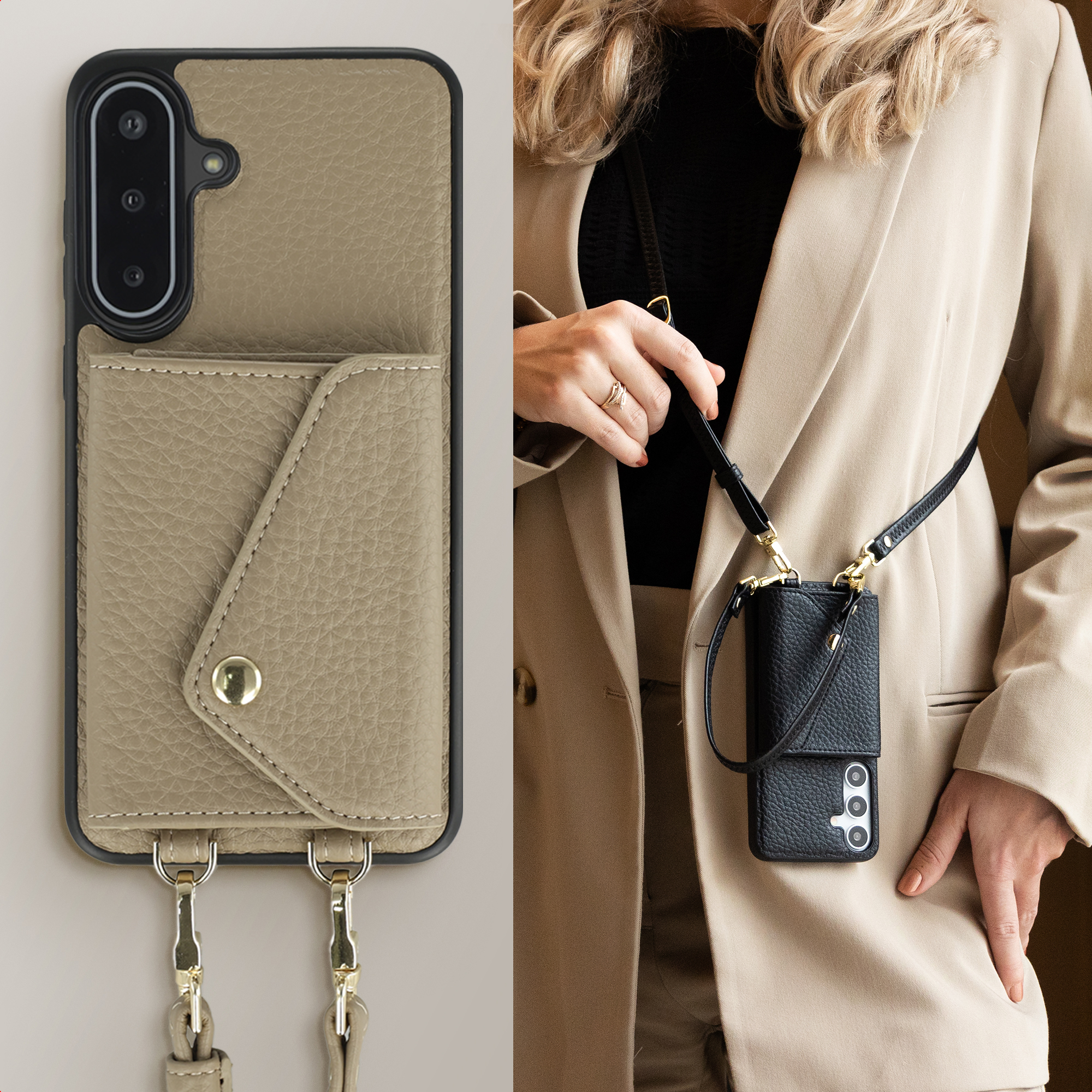 Een telefoonhoesje met een portemonnee wordt door een persoon vastgehouden. De hoes is taupe en de persoon draagt een beige pak.