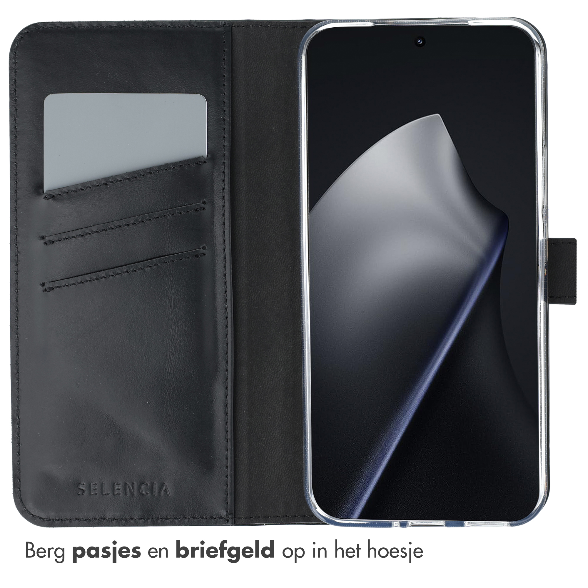 Zwarte telefoonhoes met telefoon erin. De hoes heeft kaartsleuven en een magnetische sluiting. Een grijze kaart is zichtbaar.