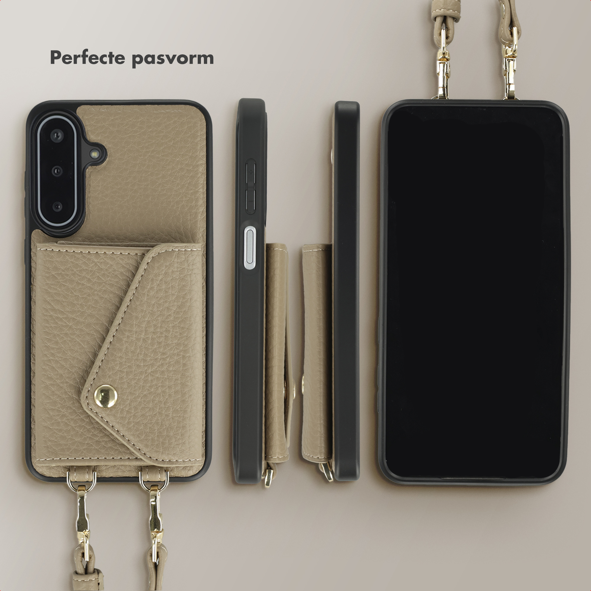 Telefoonhoesjes in verschillende aanzichten. Eén met kaarthouder, allemaal met een riem. Beige en zwarte kleuren.
