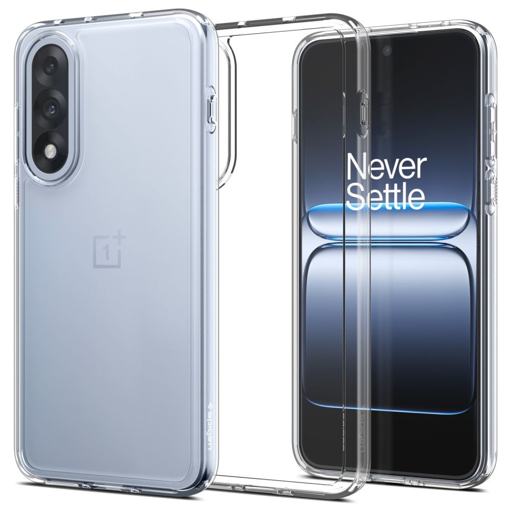 Une coque transparente à côté d'un smartphone avec 'Never Settle'. Le téléphone a une bosse de caméra.