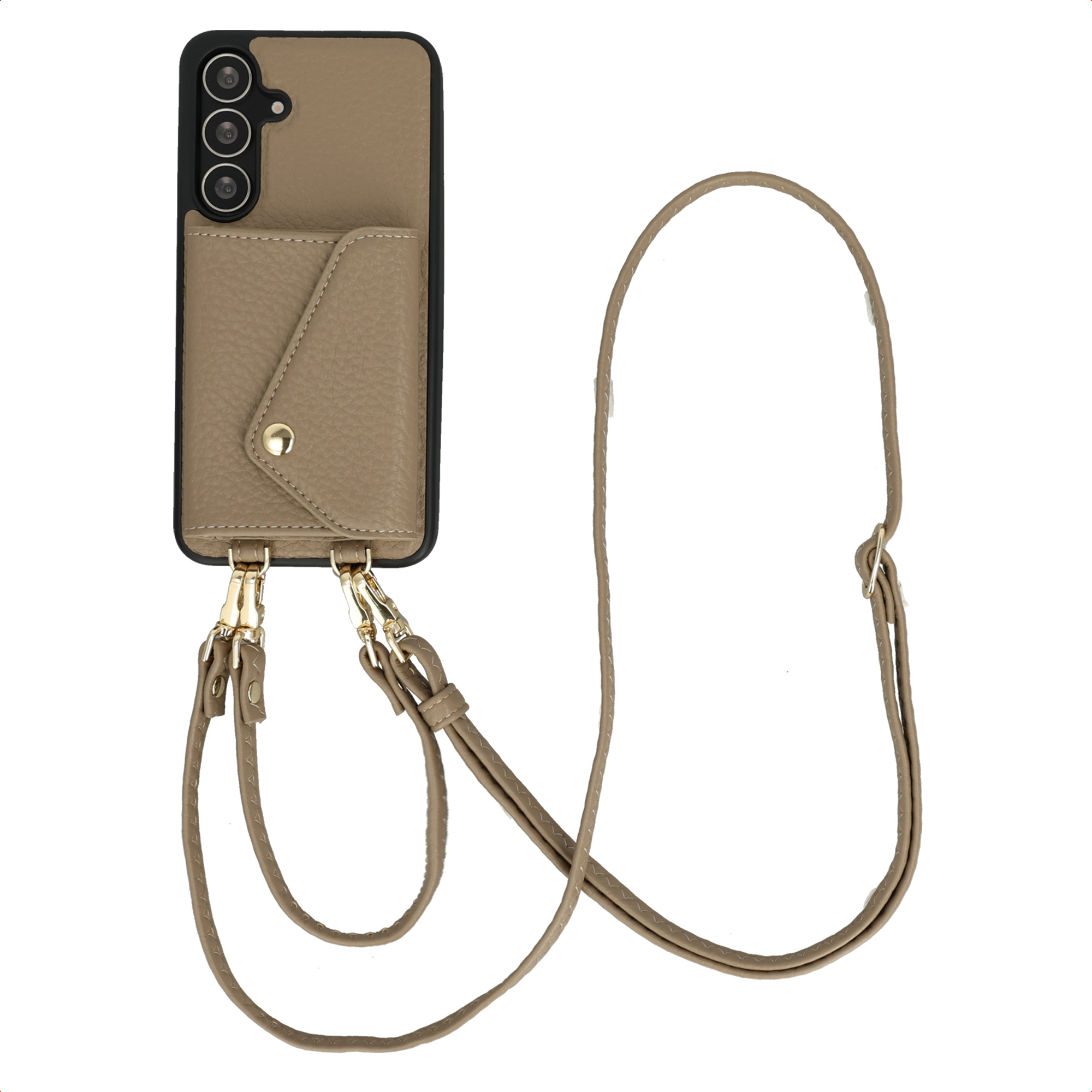Tan telefoonhoesje met bandje. Het heeft een kaartsleuf en gouden hardware. De telefoon heeft drie camera's.