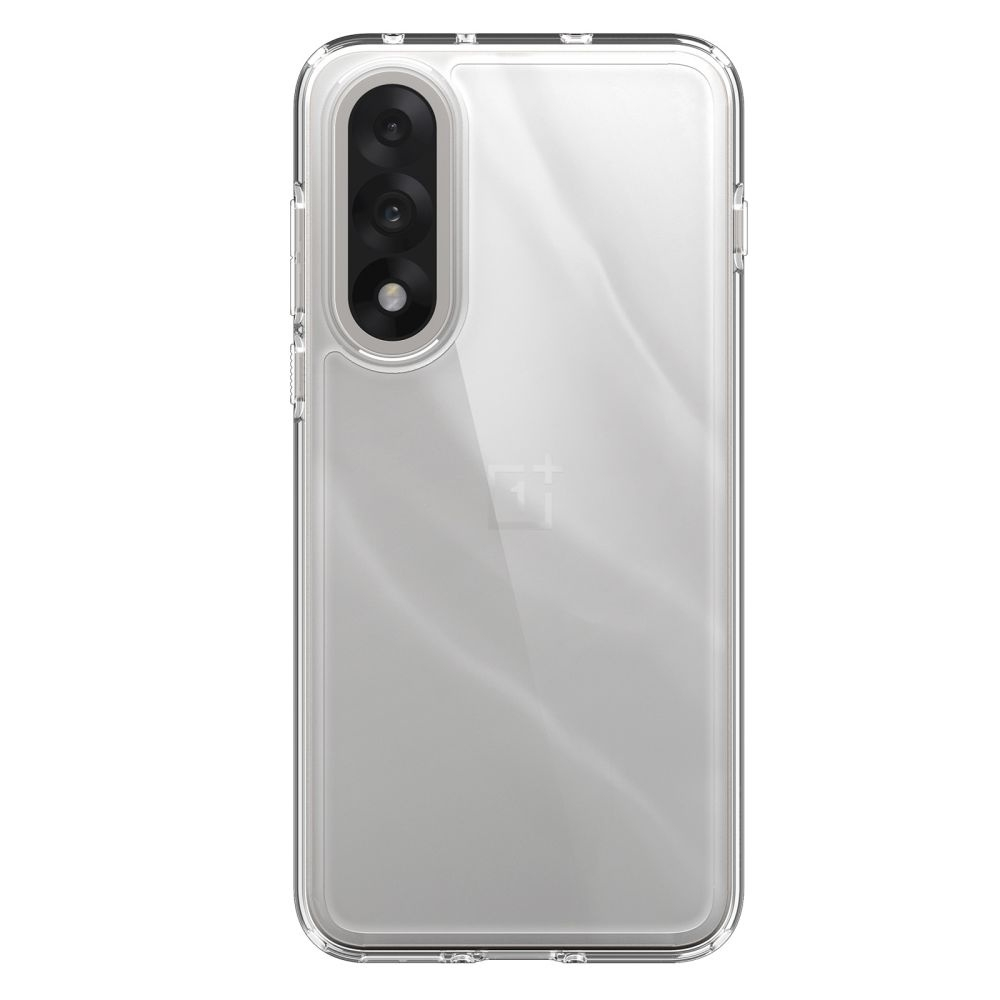 Coque de téléphone transparente. Le téléphone a une configuration à triple caméra et un logo de marque. Le fond est blanc.