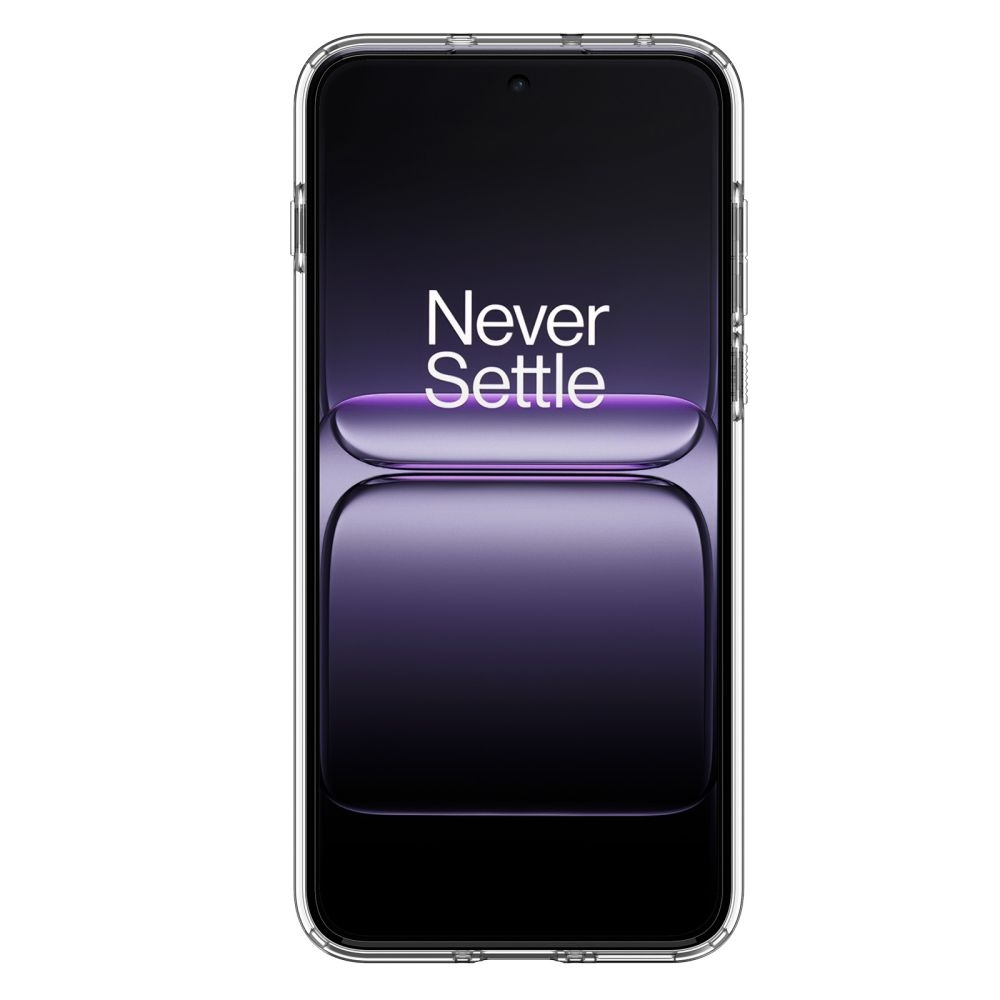 Un smartphone dans un étui transparent. L'écran affiche 'Never Settle' en blanc sur un fond dégradé violet.