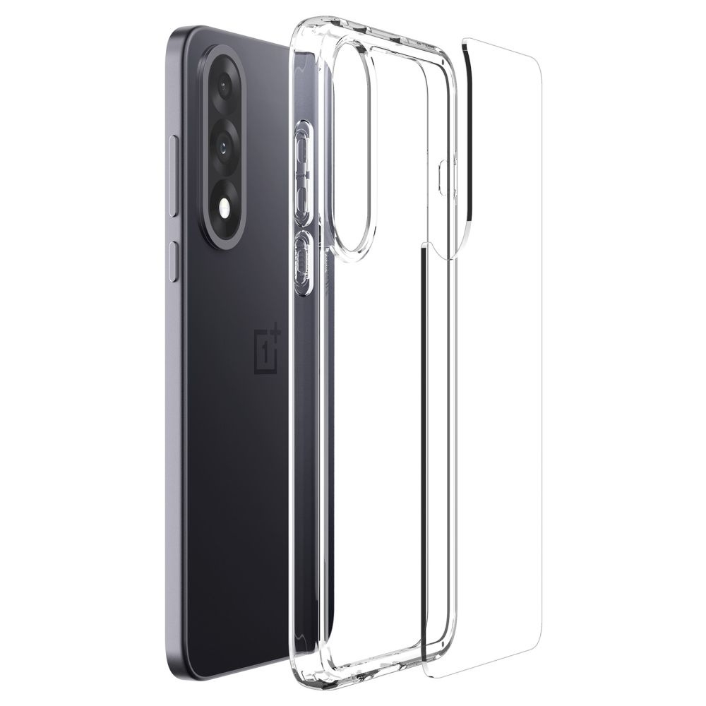 Un smartphone gris foncé avec une coque transparente. Le téléphone a une triple caméra et le logo OnePlus. L'étui est ouvert.