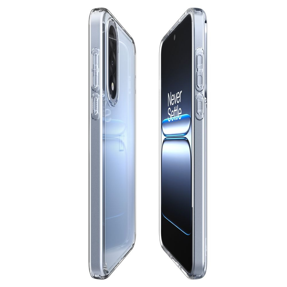 Deux smartphones dans des étuis transparents. L'un affiche 'Never Settle'. Les deux téléphones sont argentés et noirs.