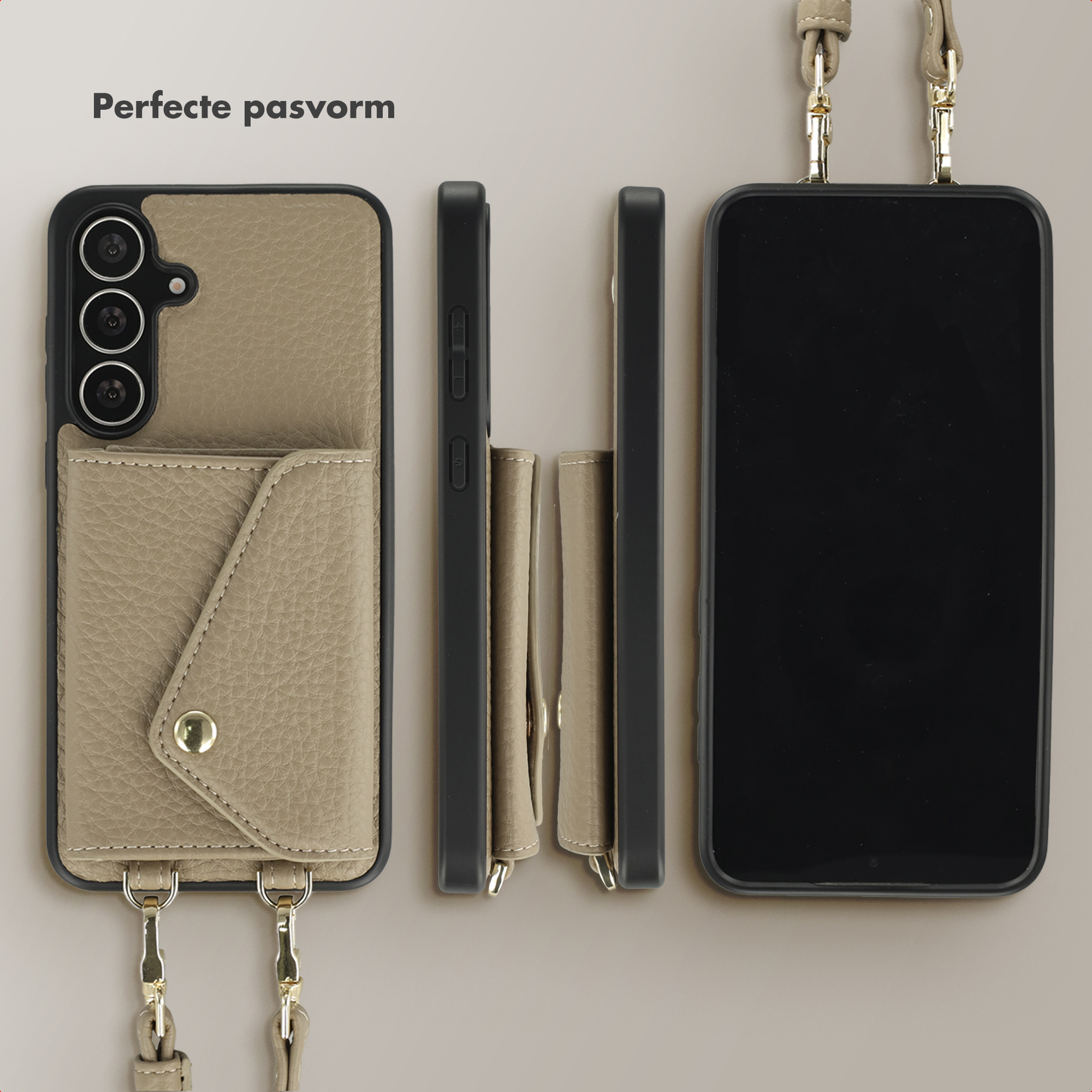 Telefoonhoesjes en telefoon met riem. Elk met verschillende hoeken. Beige telefoonhoesje met zwarte details.
