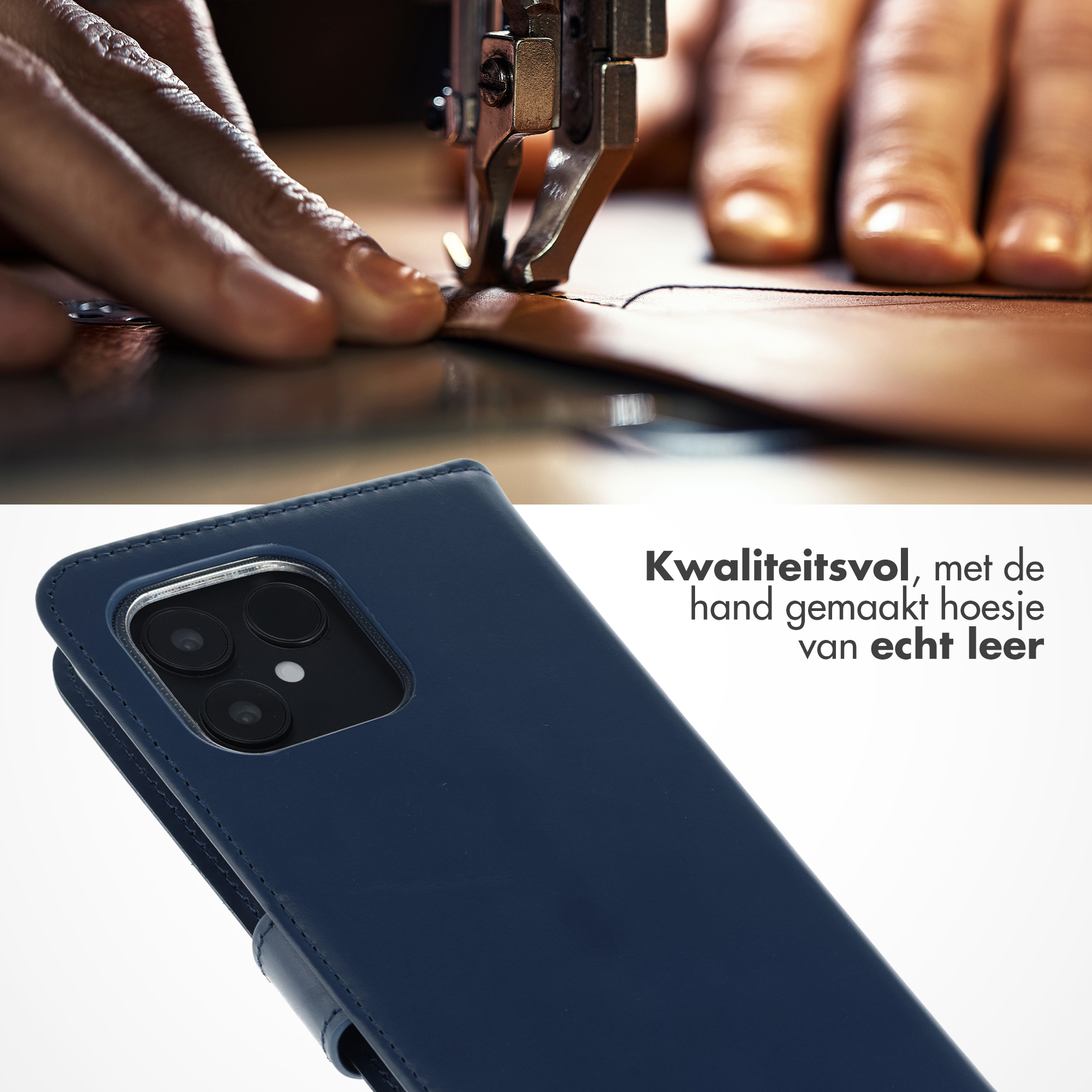 Handen die leer naaien met een machine. Een blauwe telefoonhoes staat vooraan. Tekst zegt 'hoogwaardige, handgemaakte hoes'.