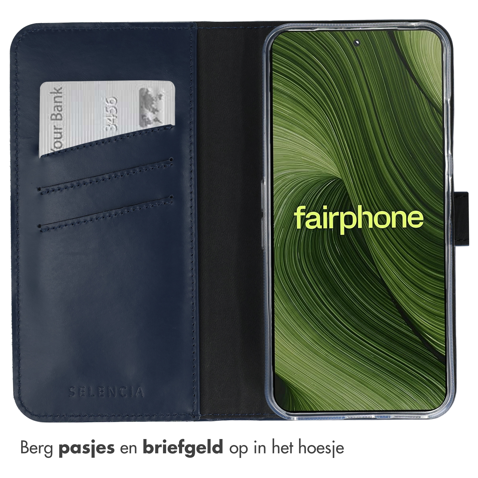 Een marineblauwe telefoonhoes met een telefoon met een groen patroon. Een creditcard zit in een vak.