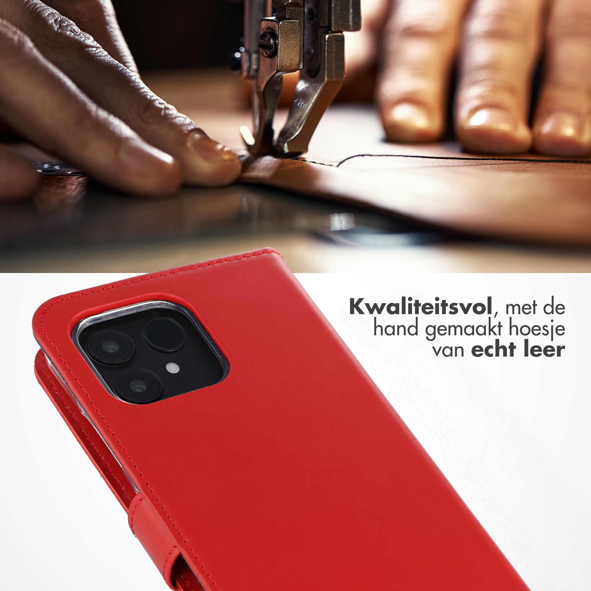 Lederen naaimachine in actie, met rode telefoonhoes. Tekst: Kwaliteit, handgemaakte hoes van echt leer.
