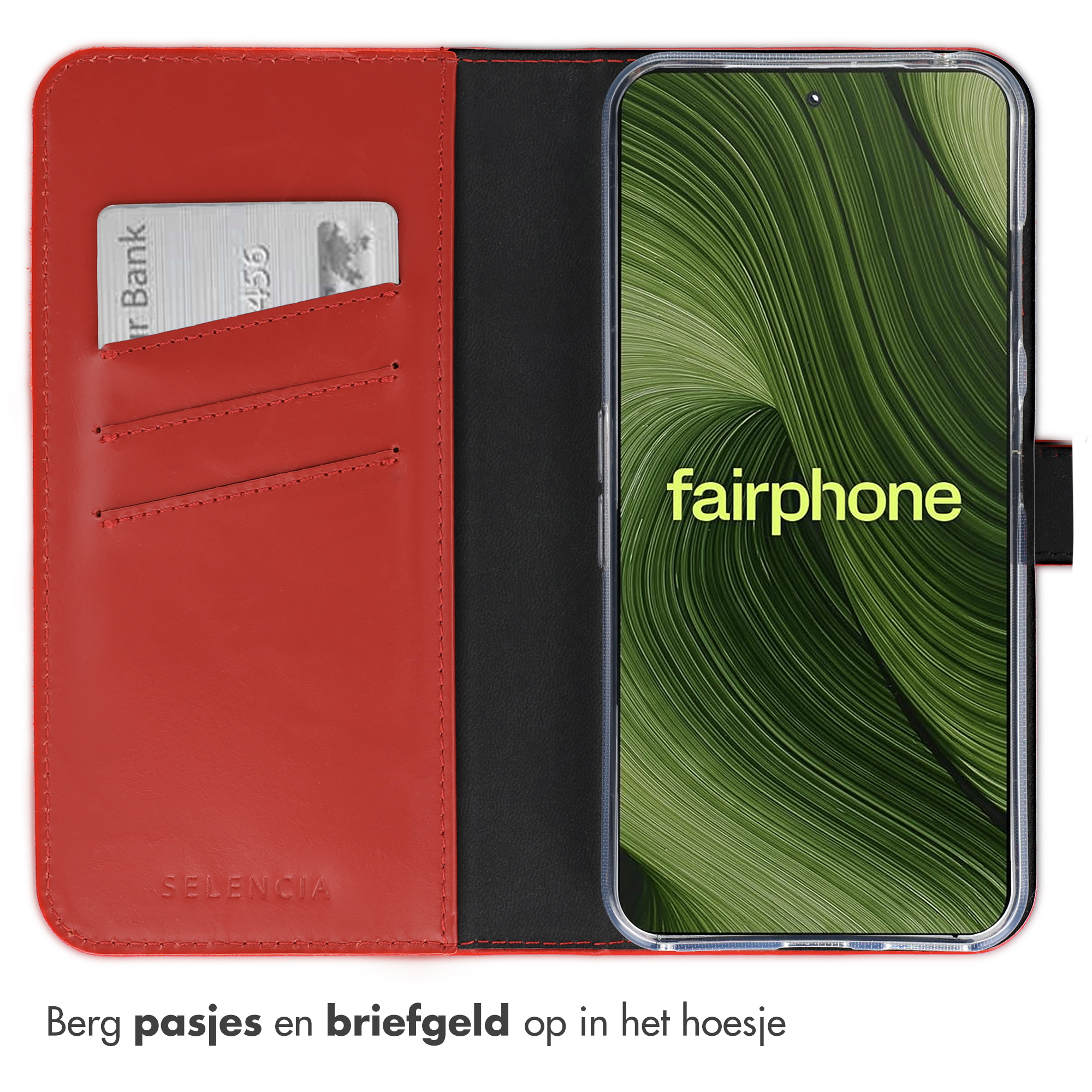 Rode telefoonhoes open, met creditcard in sleuf. Telefoon toont groene wervelingen, met 'fairphone' in geel.