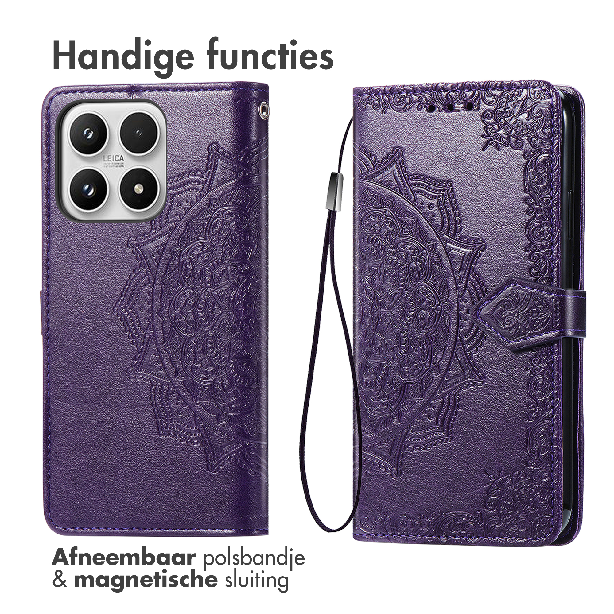 Paarse telefoonhoes met mandala-ontwerp, polsband en magnetische sluiting. Beschikt over cameralenzen en het woord 'Leica'.
