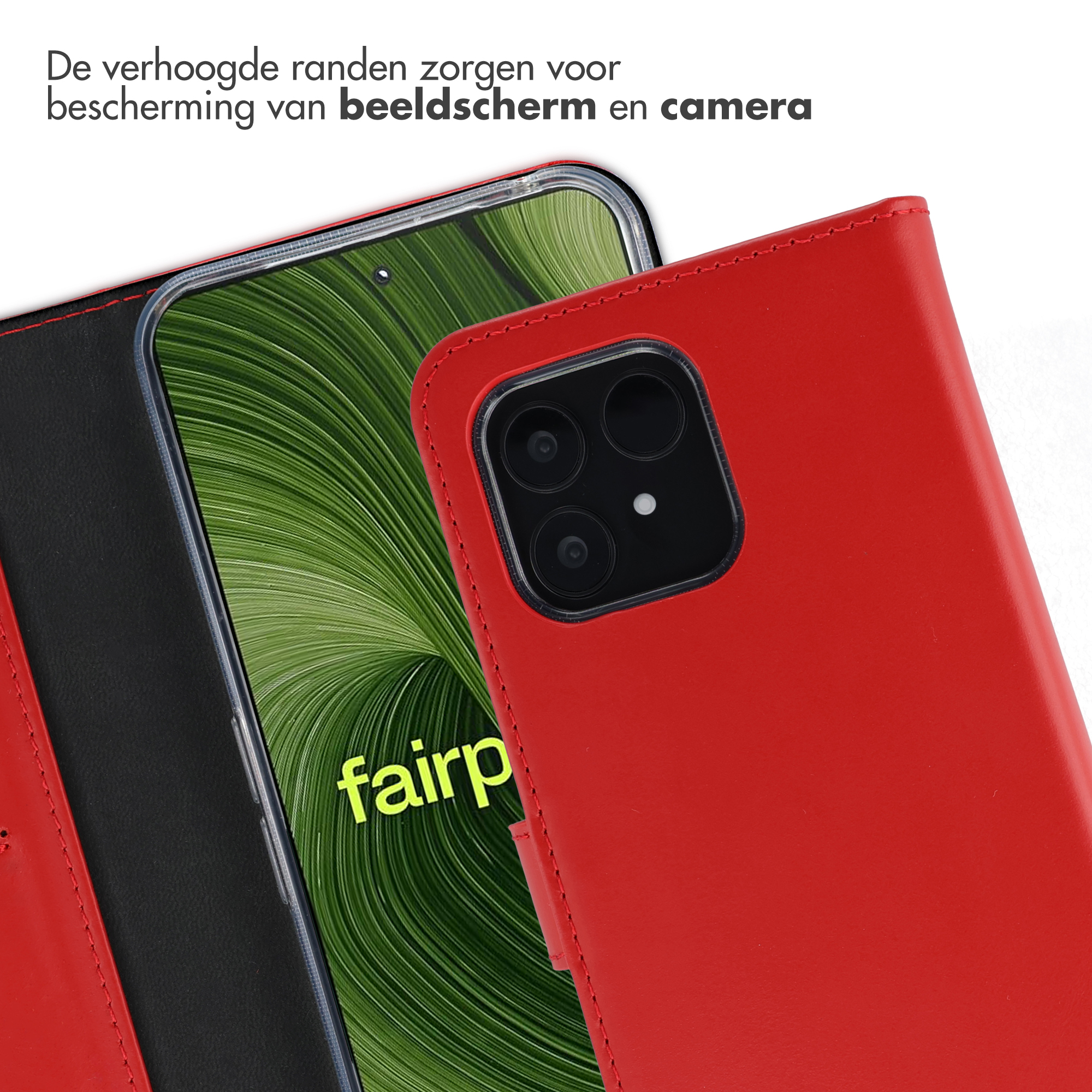 Rode telefoonhoes met telefoon erin. De telefoon heeft een groen patroon. De hoes beschermt de camera.
