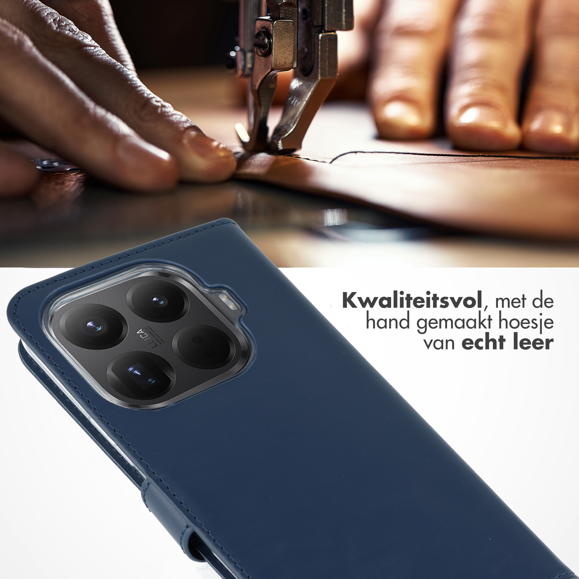 Een ambachtsman naait leer. Een blauwe telefoonhoes staat centraal. Achtergrond toont handen en een naaimachine.