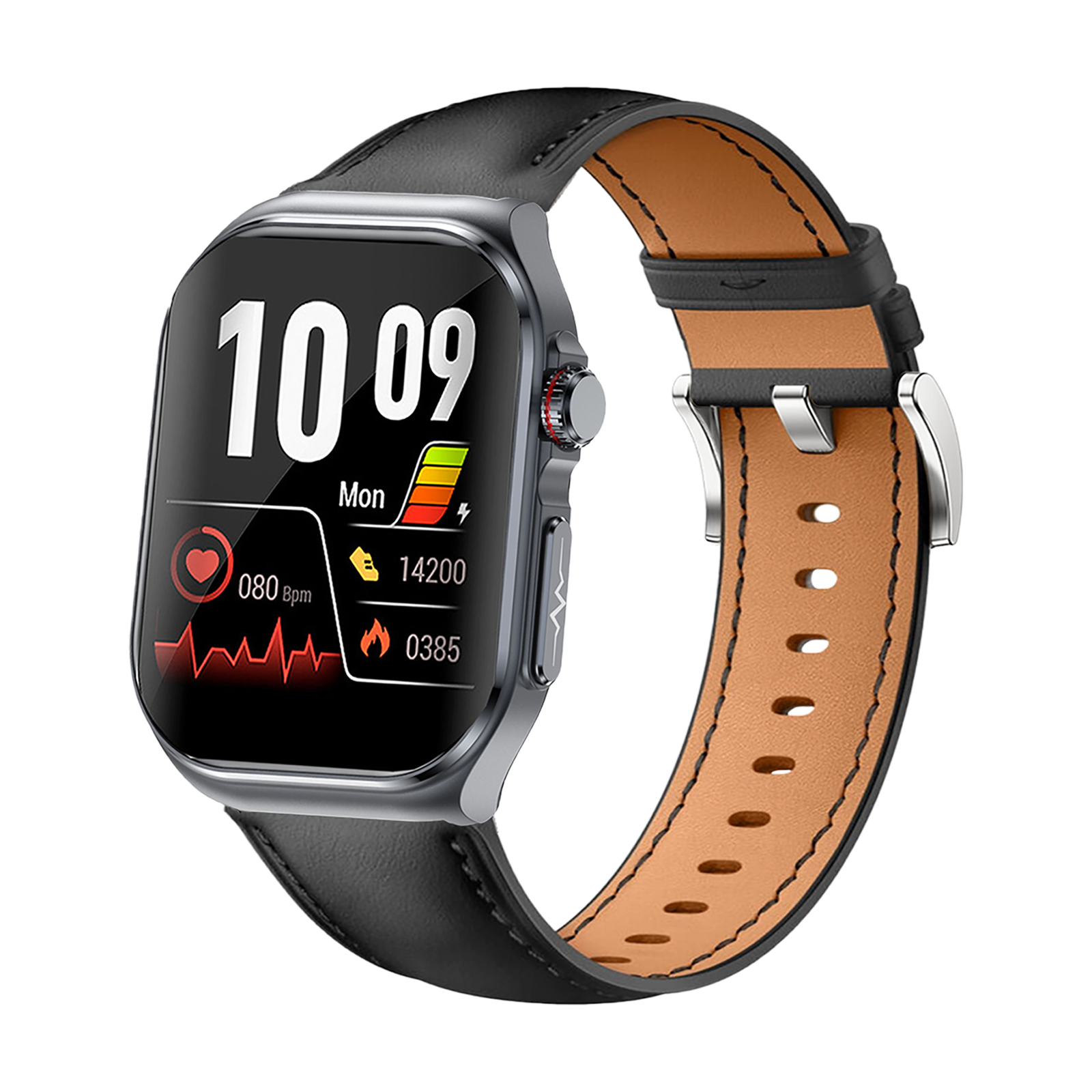 Eine Smartwatch mit schwarzem Armband und silbernem Gehäuse. Der Bildschirm zeigt Zeit, Herzfrequenz, Schritte und Akkulaufzeit.