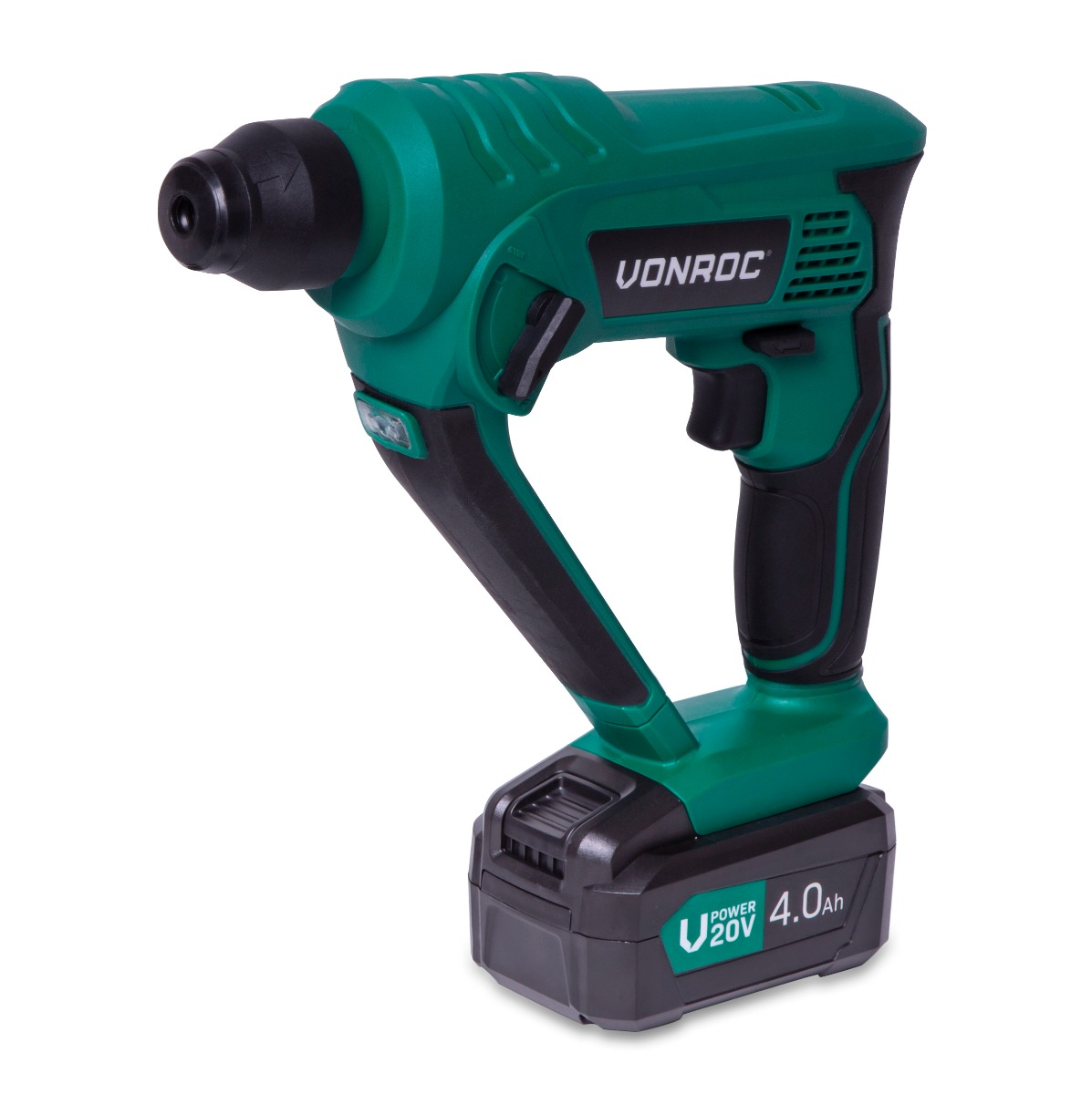 A green and black VORONC power tool. It has a battery at the base with 20V 4.0Ah printed on it. The background is white.