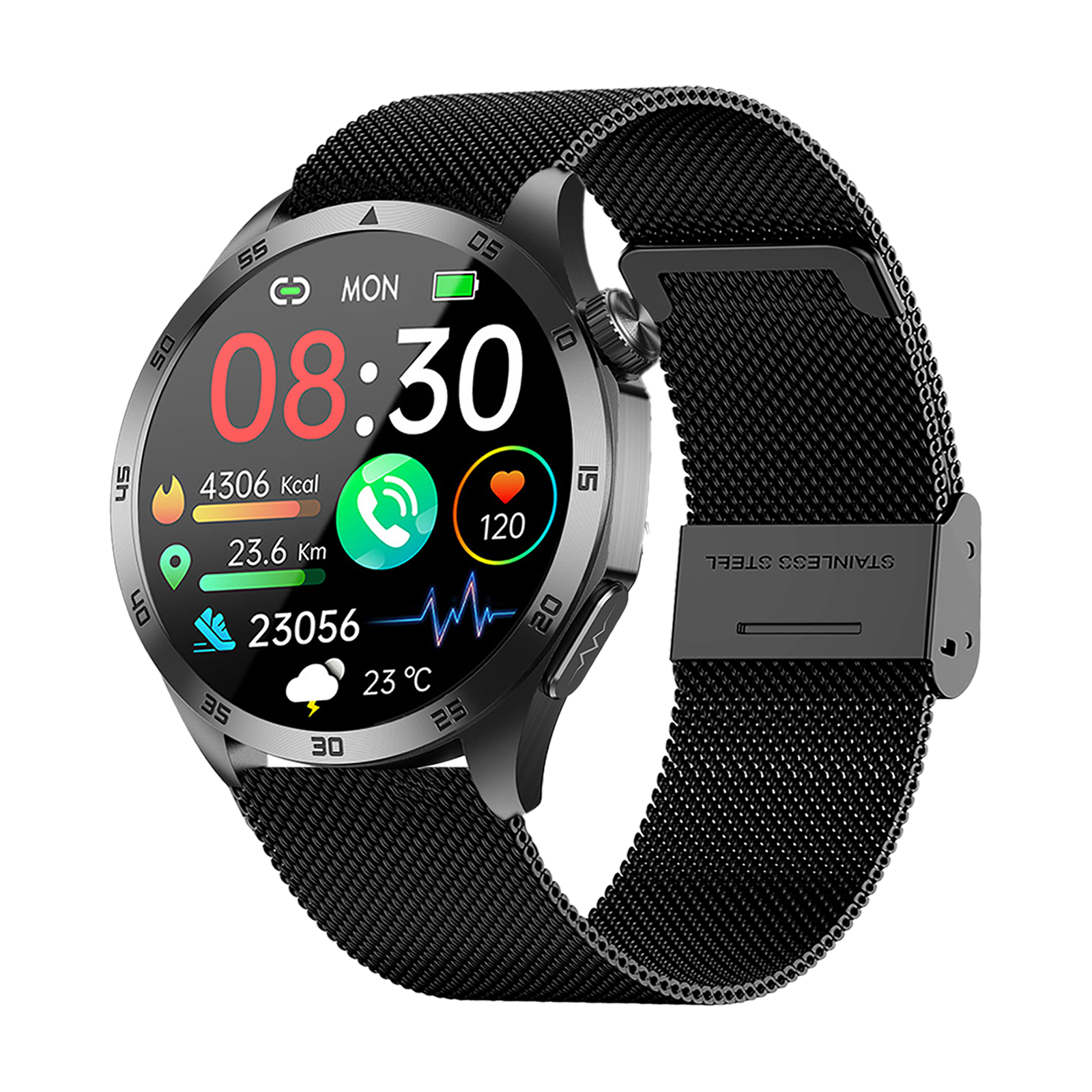 Eine schwarze Smartwatch zeigt Zeit und Statistiken und hat ein Mesh-Armband. Anzeigen umfassen Kalorien, Schritte, Temperatur und Herzfrequenz.