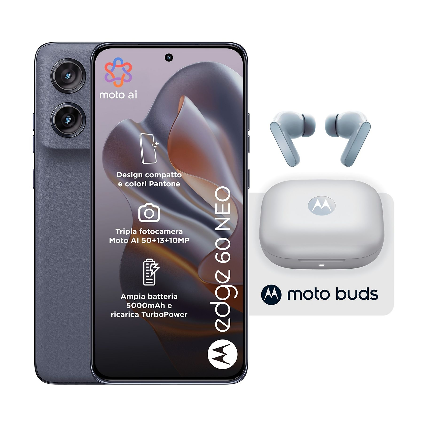 Smartfon z potrójnym aparatem i słuchawkami obok etui ładującego. Telefon wyświetla szczegóły produktu.