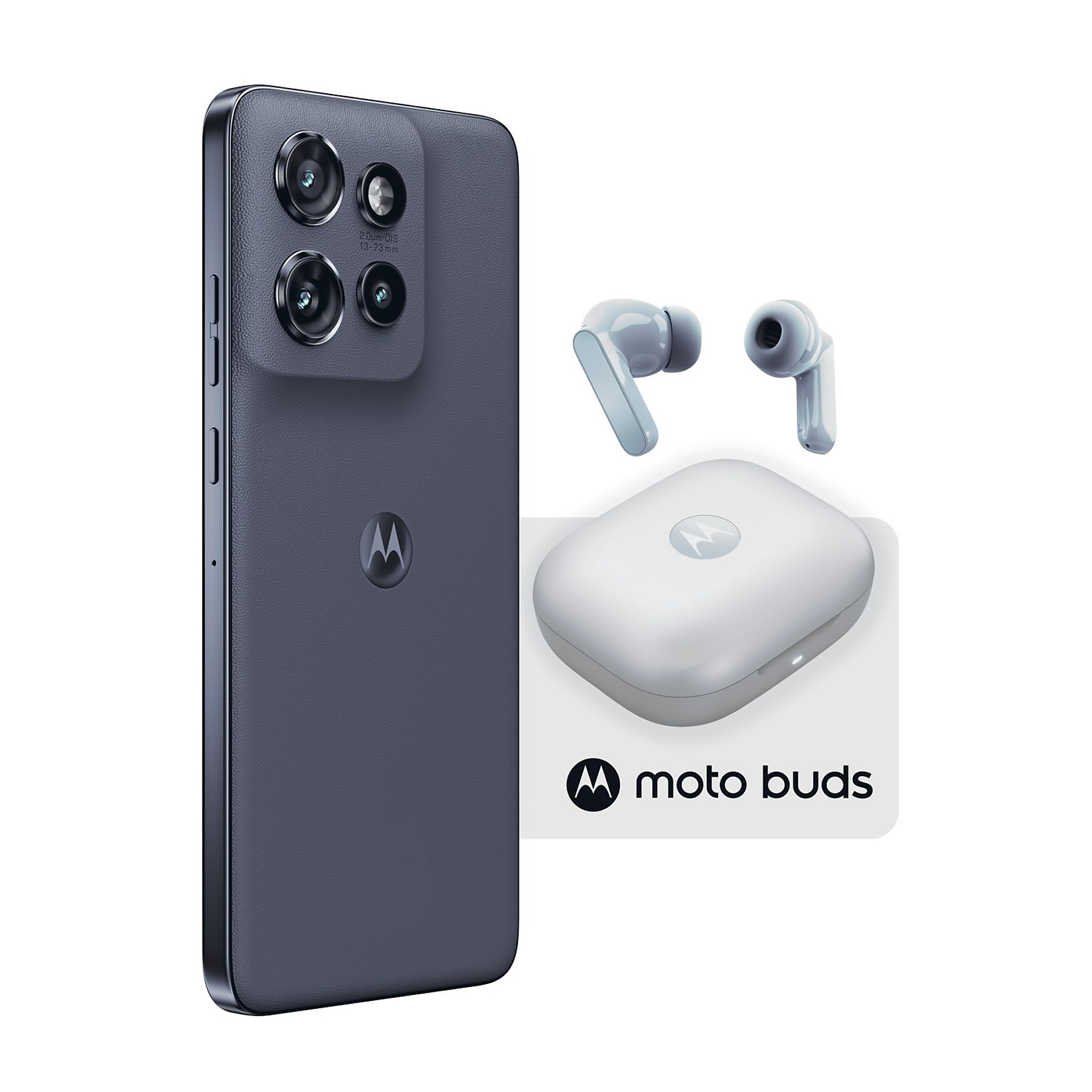 Ciemnoszary smartfon z wieloma aparatami, bezprzewodowymi słuchawkami i etui ładującym. Widoczne logo moto buds.