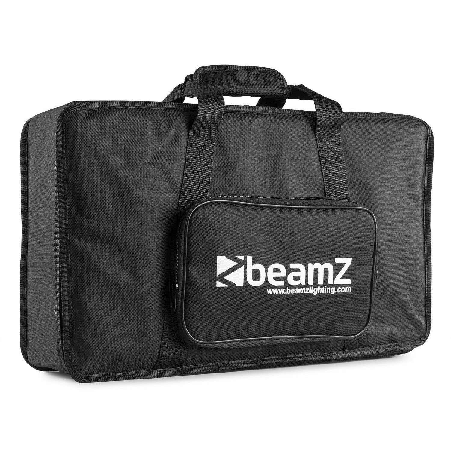 Una bolsa de transporte Beamz negra con asas. Un bolsillo más pequeño en la parte delantera tiene el logotipo y el sitio web de Beamz.