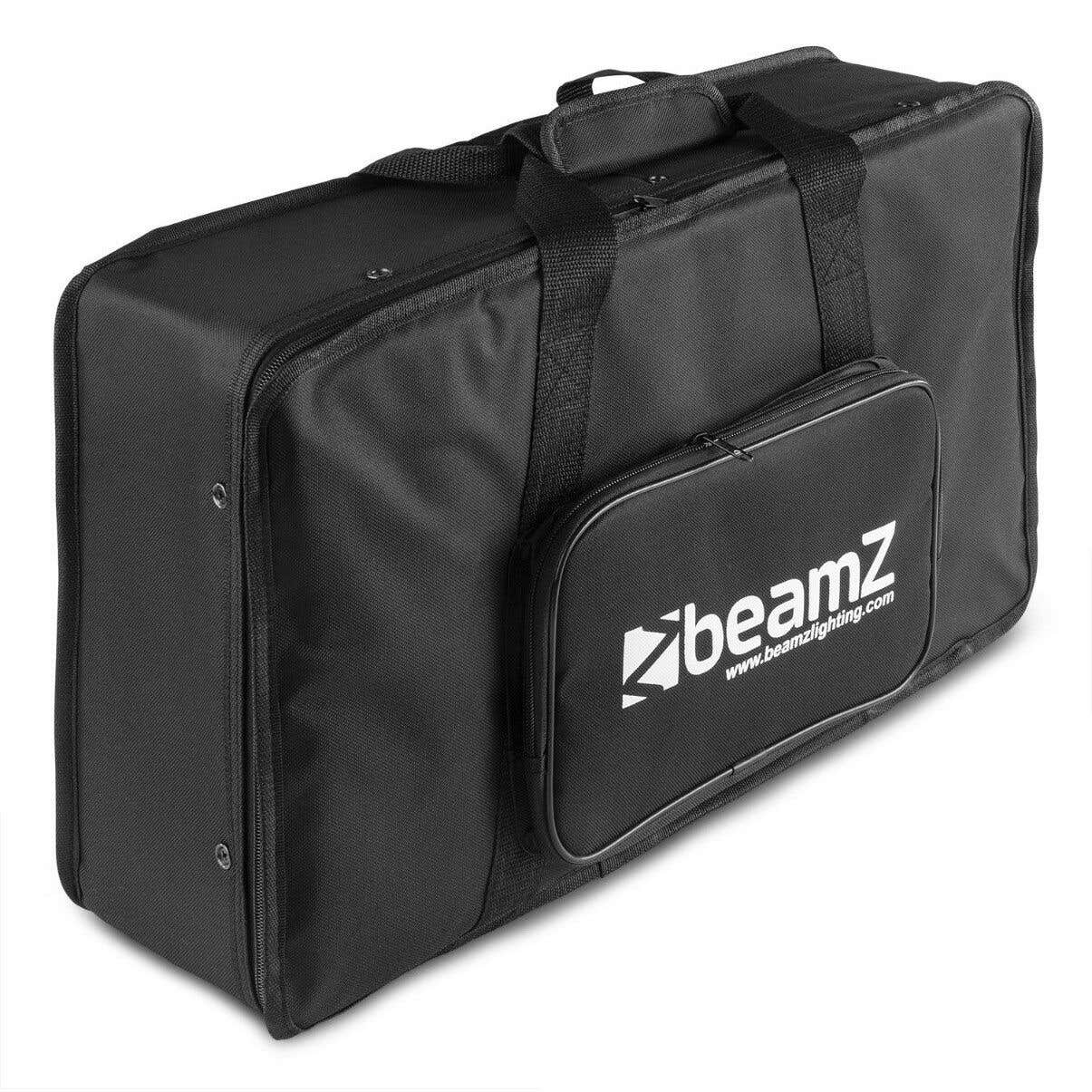 Bolsa de transporte Beamz negra con logotipo blanco. Tiene un asa y un bolsillo con cremallera en la parte delantera. El fondo es blanco.