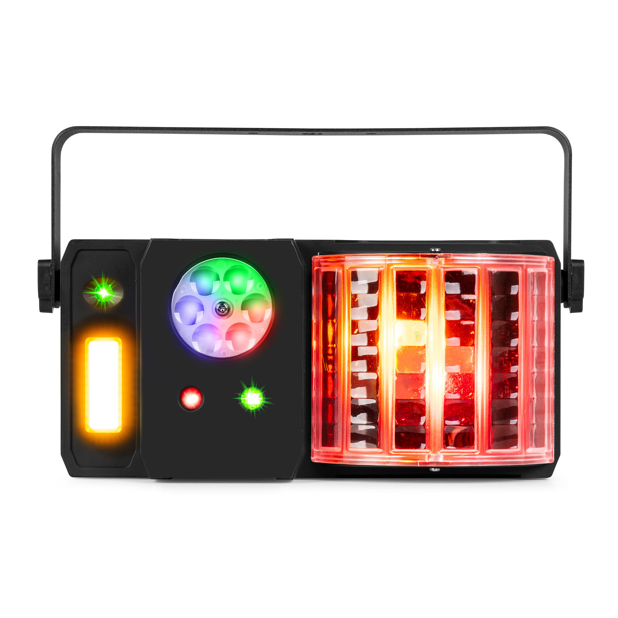 Luz de DJ negra con luces de colores y un asa. El lado derecho tiene luces rojas, el izquierdo verdes, azules y amarillas.