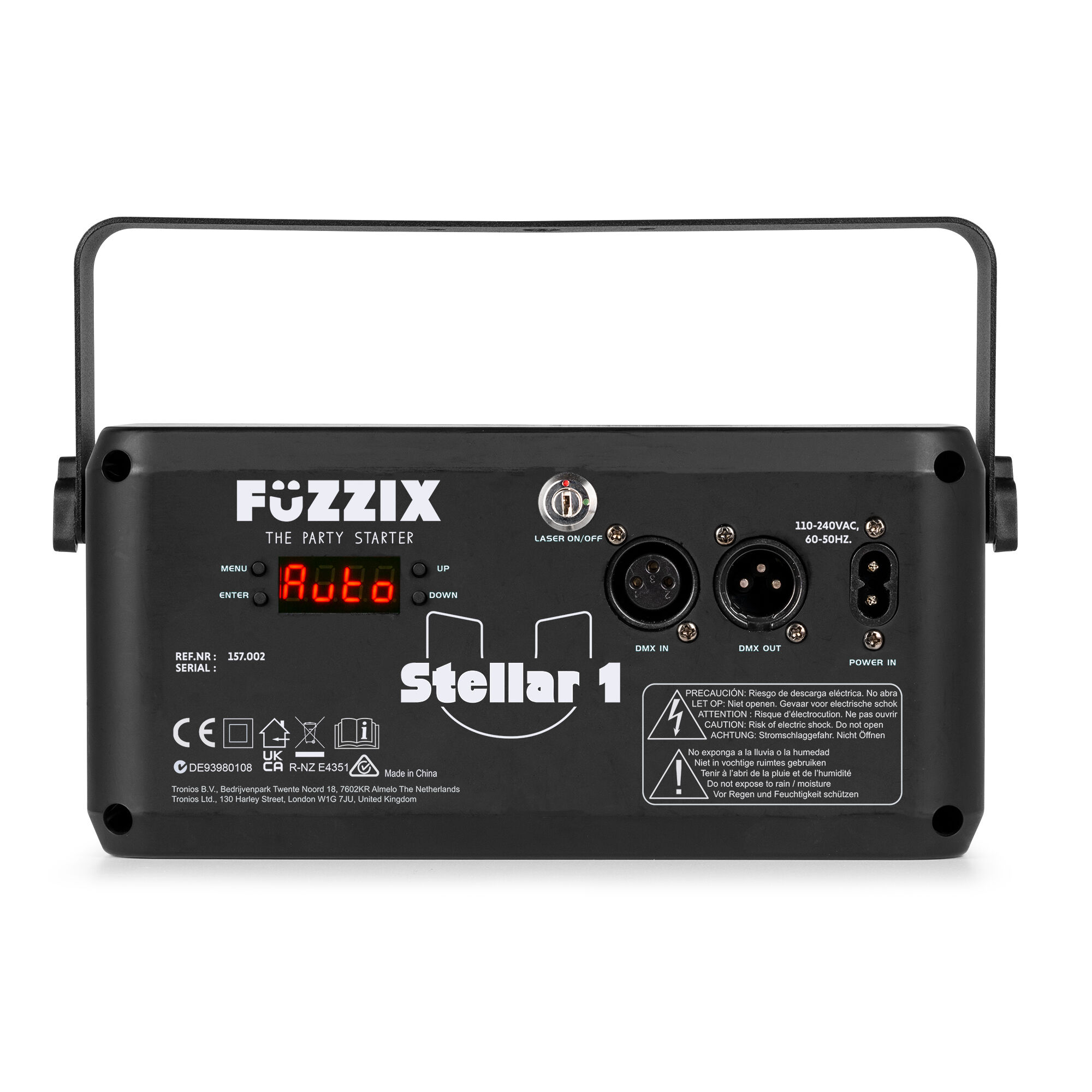 Dispositivo negro para fiestas con botones, pantalla y puertos. Tiene un asa. El texto incluye 'FÜZZIX', 'Stellar 1' y advertencias.