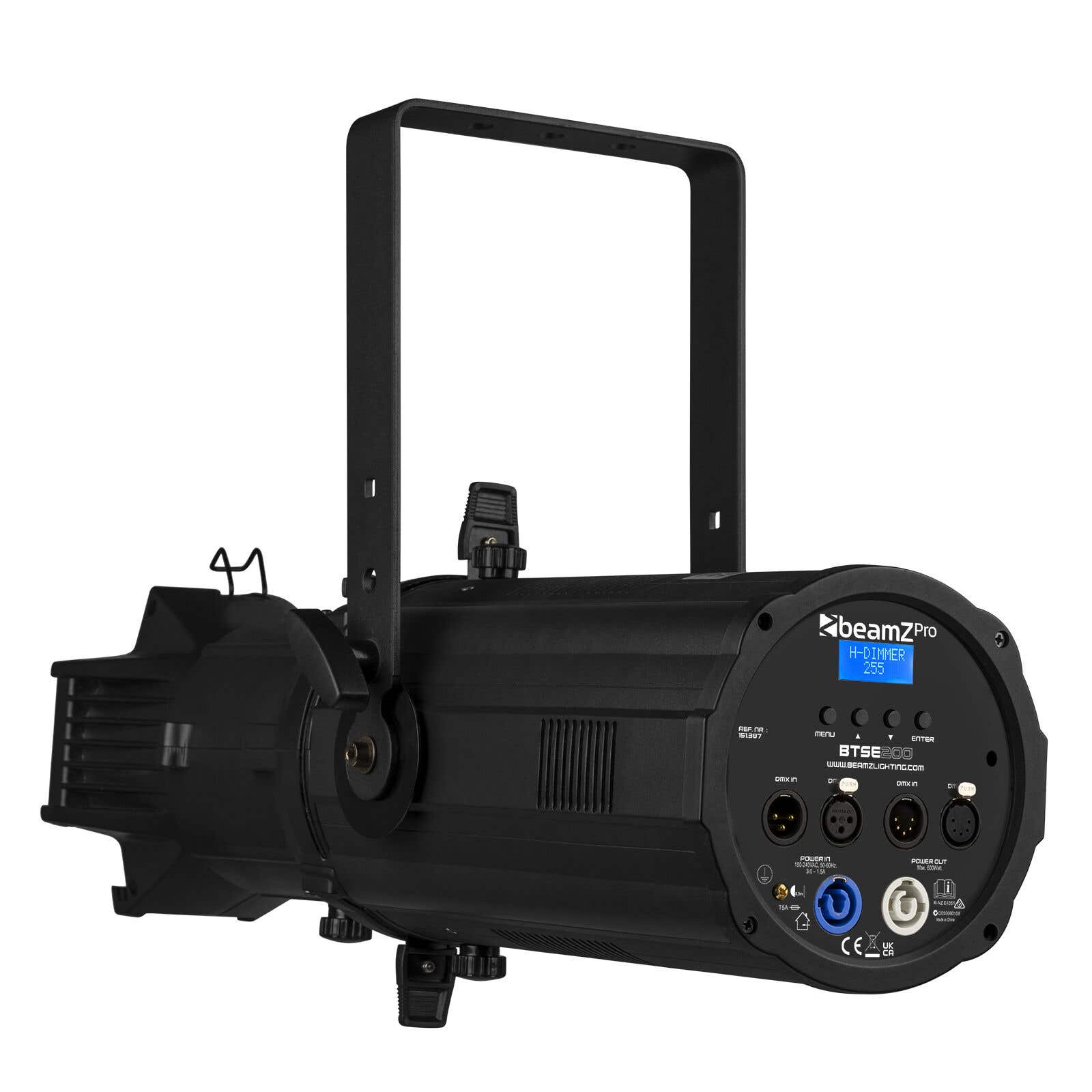 Una luz de escenario negra con asa. Tiene una pantalla con números. La marca es beamzPro.