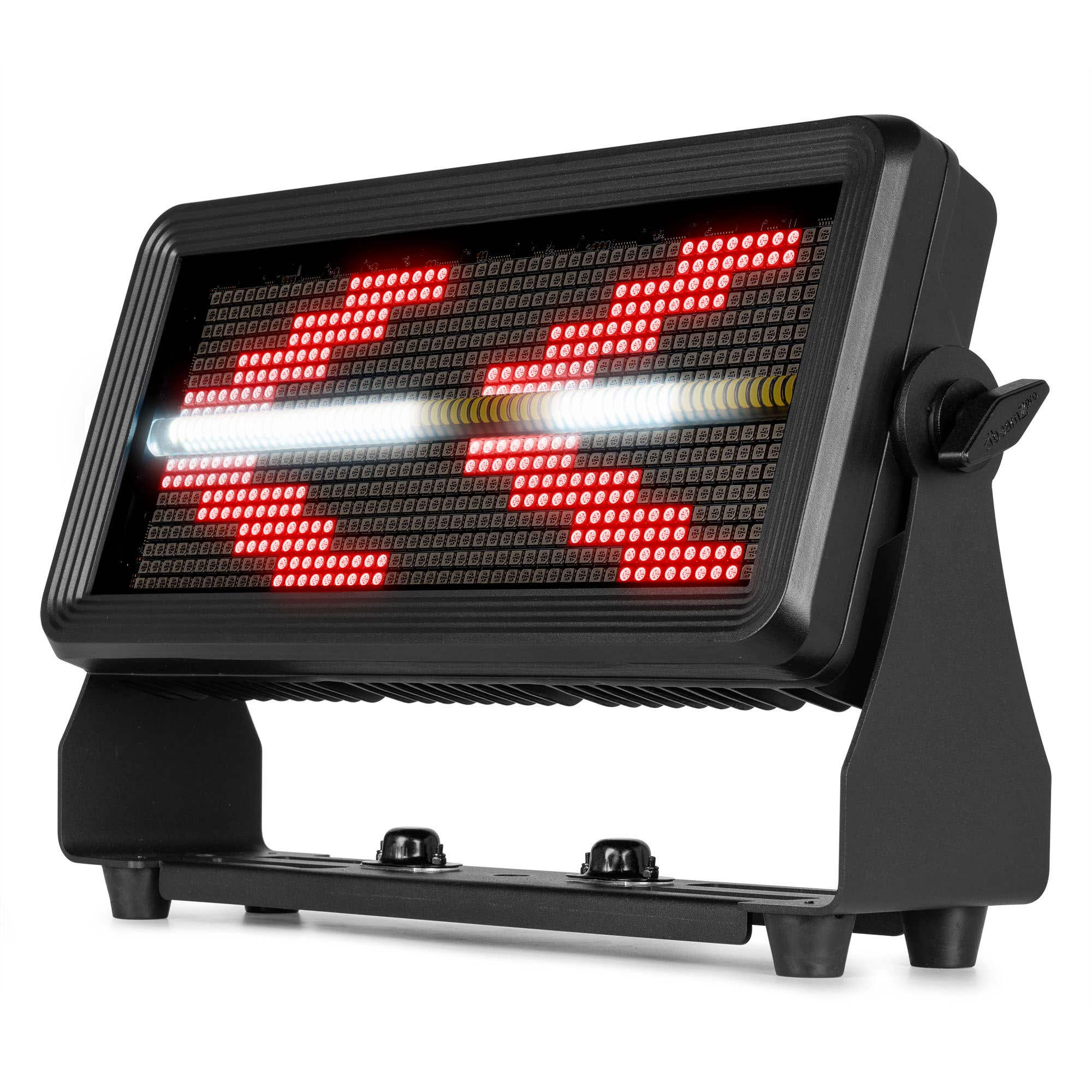 Un letrero LED negro muestra luces rojas y blancas. Está sobre un soporte. La palabra 'GO' es visible.