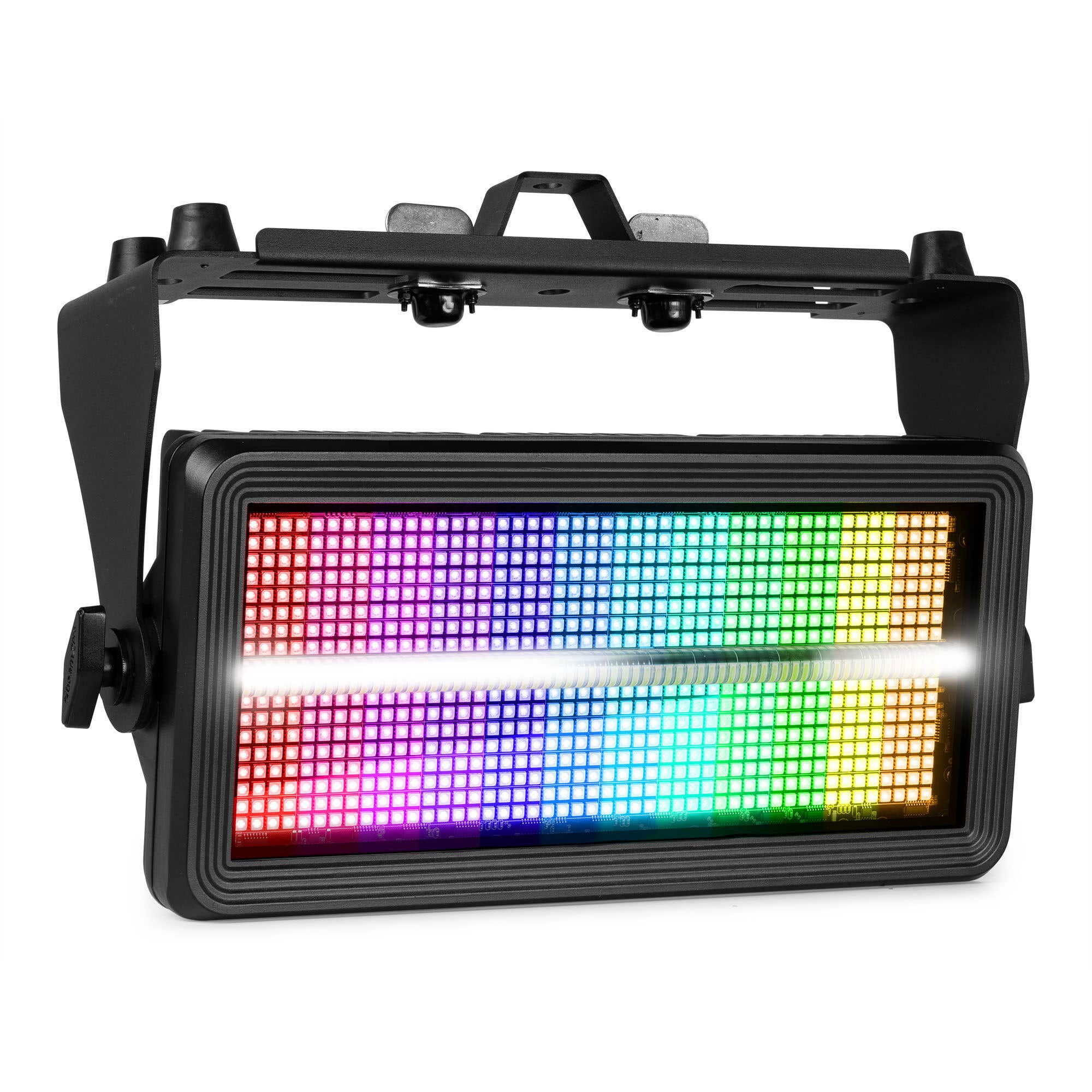 Luz LED negra con pantalla colorida. Tiene un asa y un soporte. Las luces están en filas y columnas.