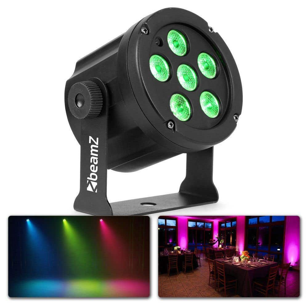 Una luz par LED Beamz con luces verdes. Debajo hay imágenes de proyecciones de luz coloridas y un lugar con mesas.