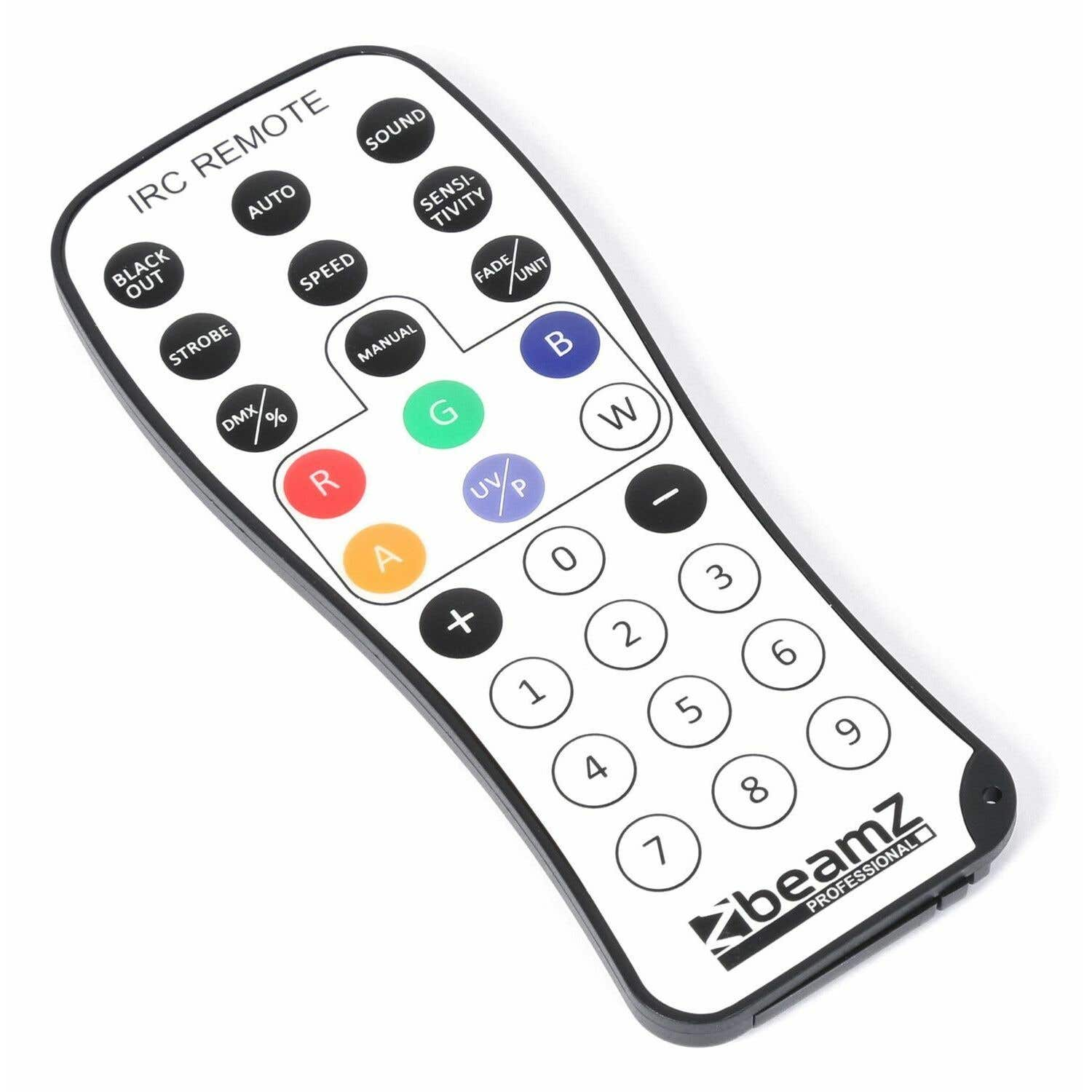 Un mando a distancia blanco con botones negros. Etiquetado con texto como 'IRC REMOTE', 'STROBE' y los números 0-9. La marca es 'beamz'.