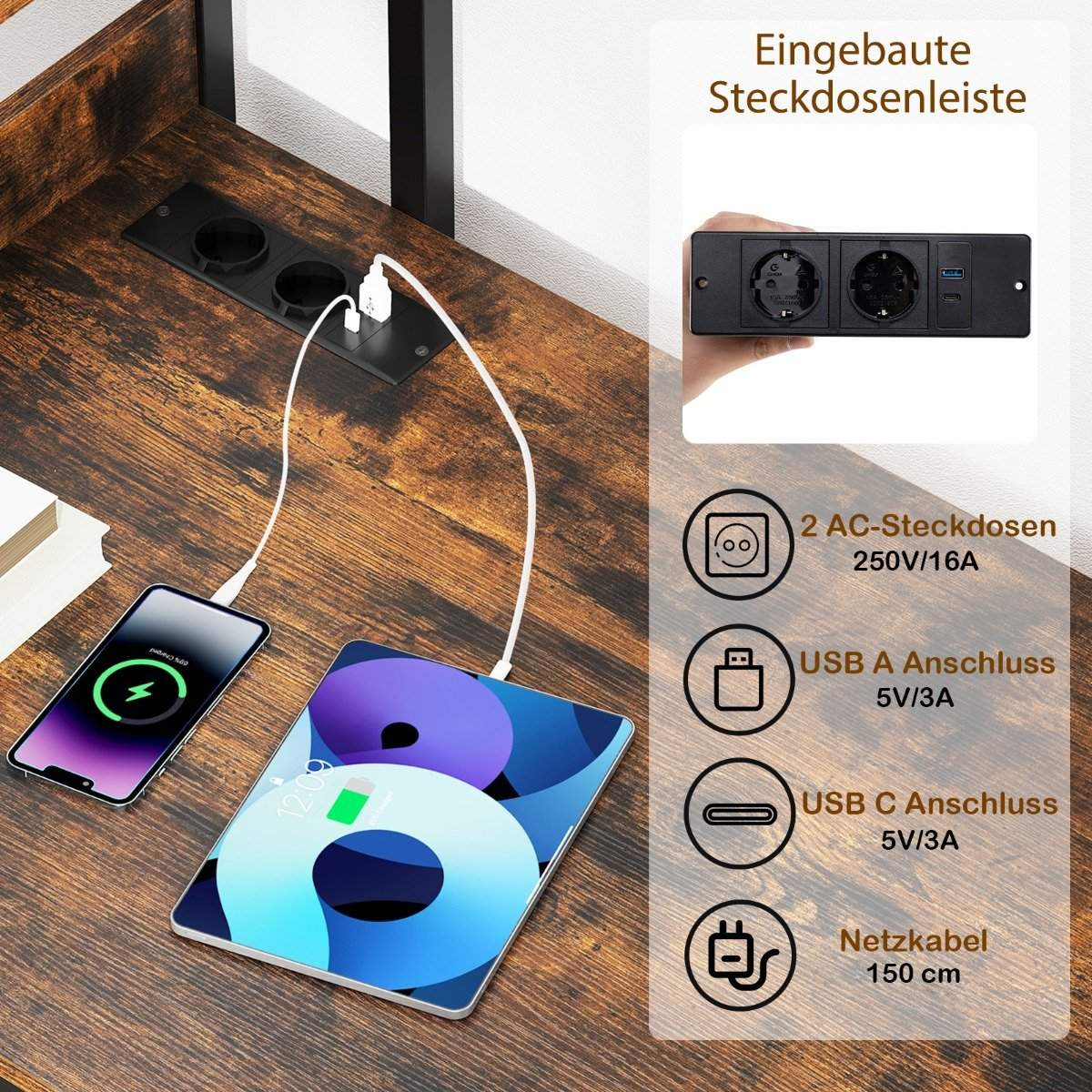 Una tableta y un teléfono se cargan en un escritorio de madera. Una regleta con puertos USB está en el fondo. El teléfono muestra un icono de carga.