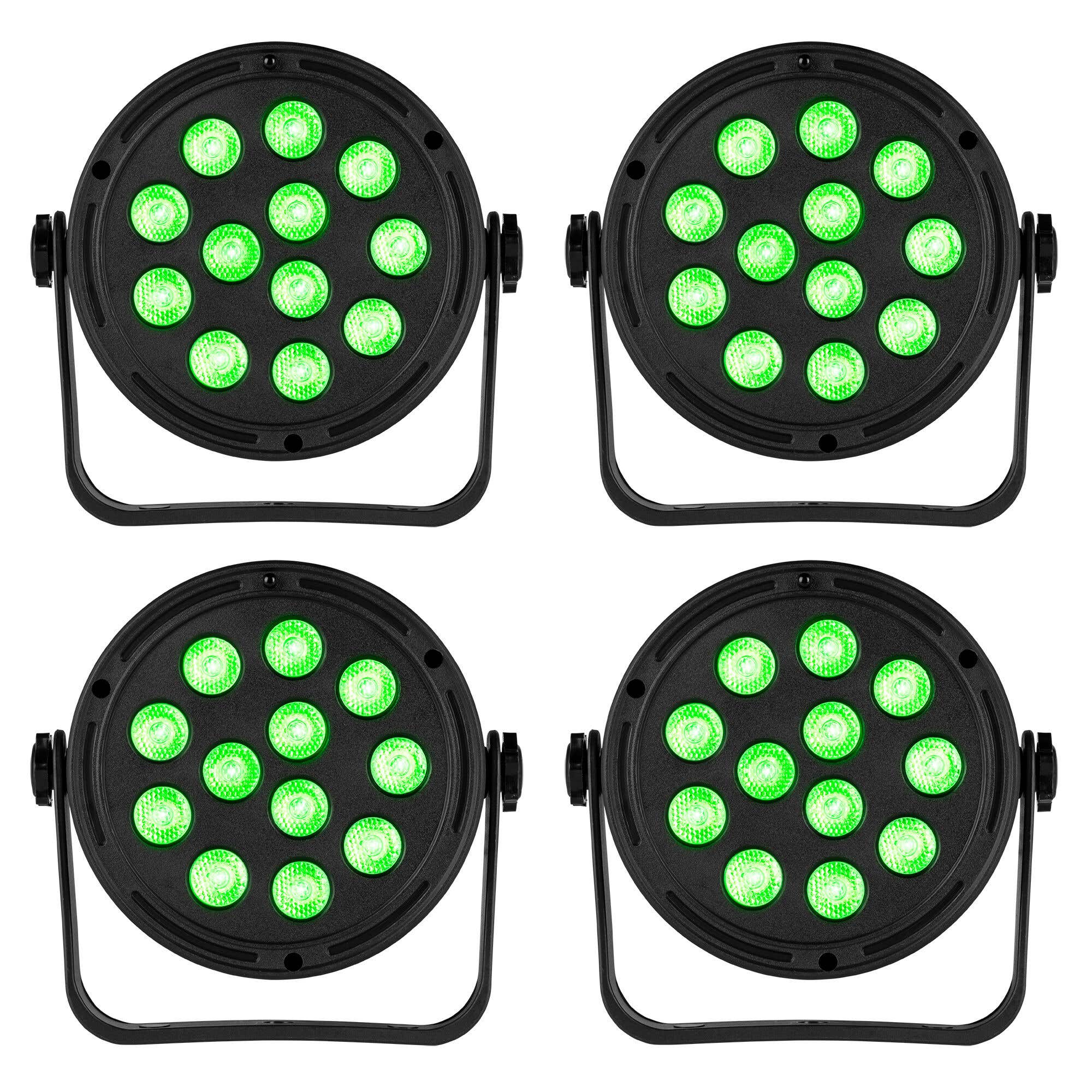 Cuatro luces de escenario negras con LEDs verdes. Cada una tiene un asa. Fondo blanco.