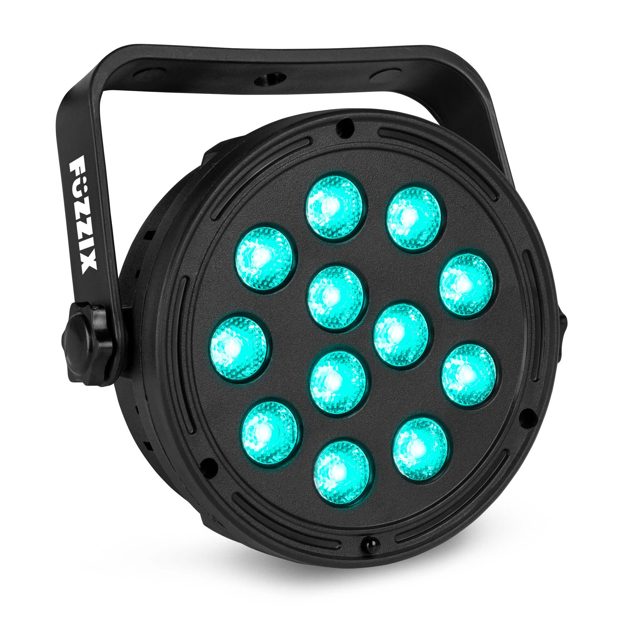 Luz de escenario negra con asa. Tiene 12 LED azules brillantes. La marca Fozzix es visible.