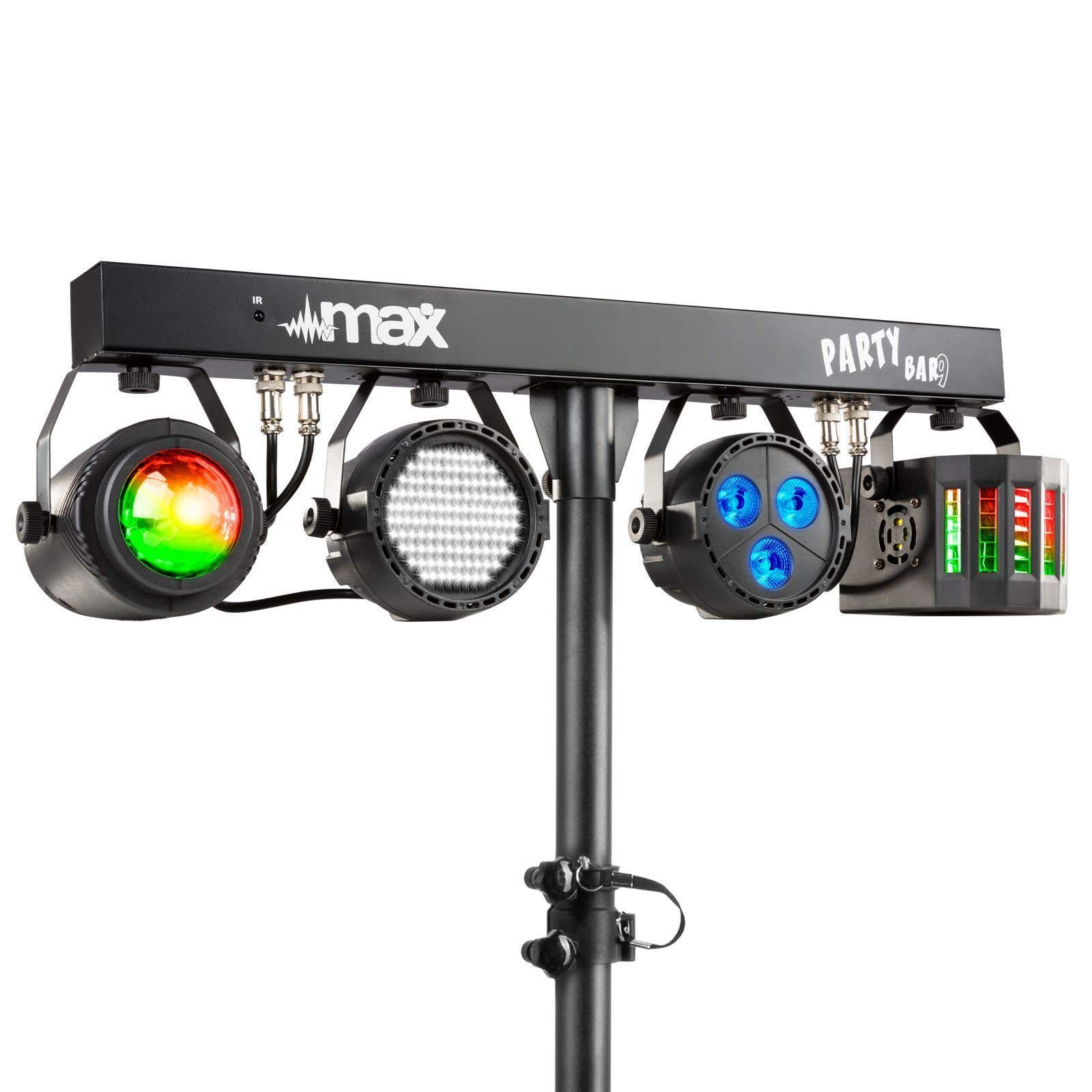 Soporte de luz para fiestas negro con luces de varios colores y la marca 'max'. Las luces incluyen rojo, verde y azul.