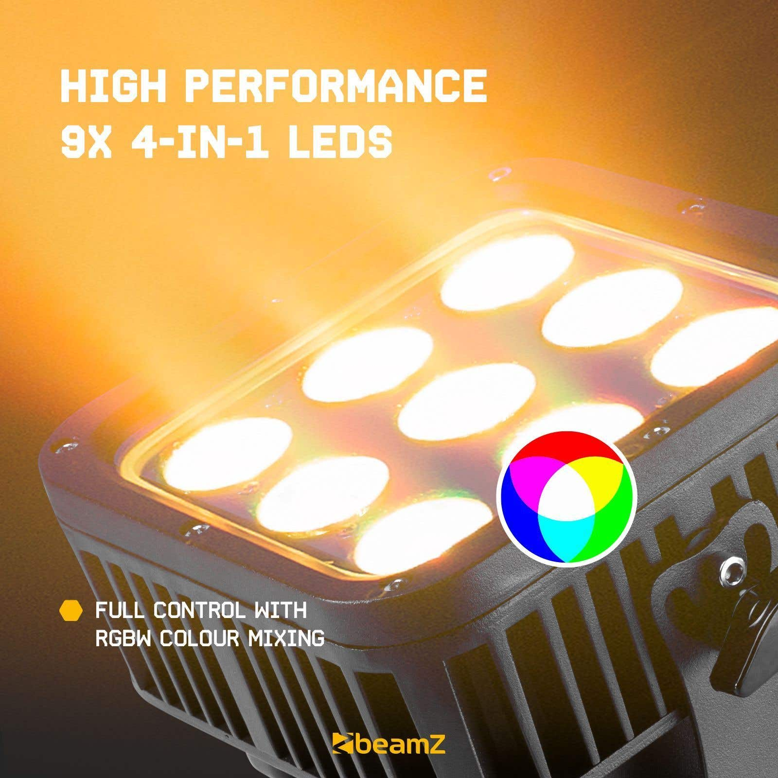 Primer plano de una luz de escenario con 9 LED. La luz está encendida, con un logotipo de rueda de colores y texto que dice 'High Performance'.
