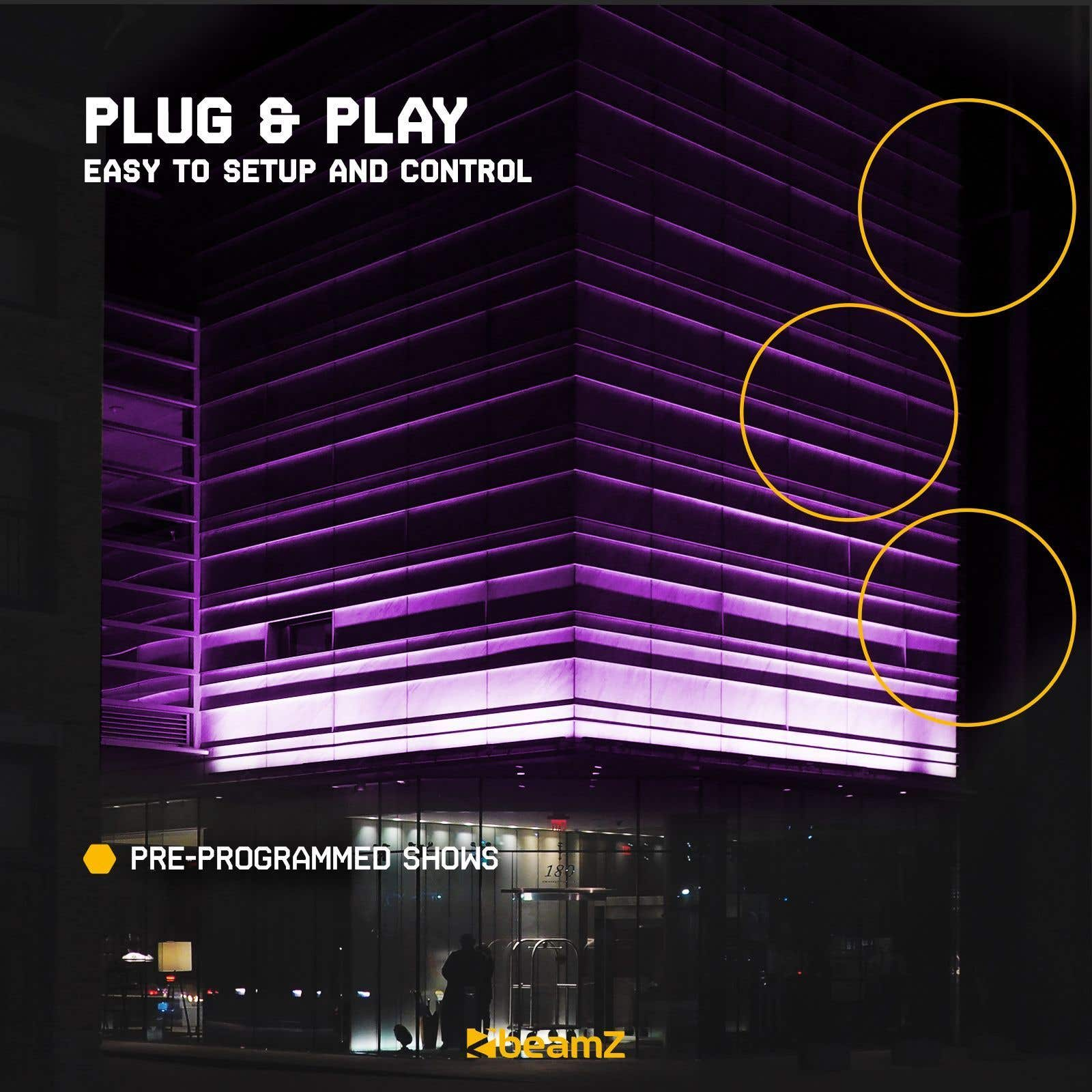 Un edificio moderno iluminado con luces moradas. El texto 'Plug & Play' y 'Pre-Programmed Shows' es visible.