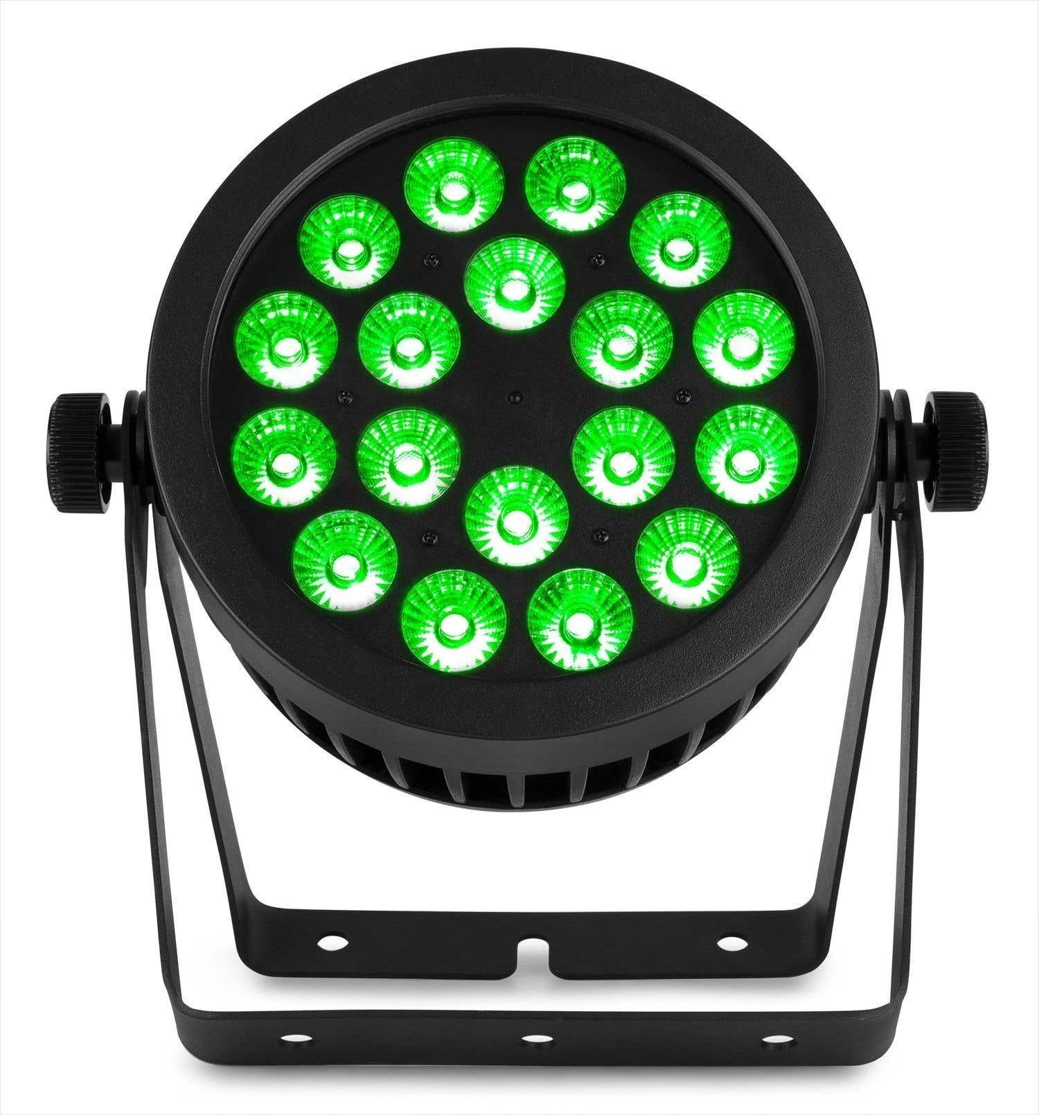 Una luz de escenario negra con LEDs verdes. Tiene un cuerpo circular con varias luces y un soporte negro.