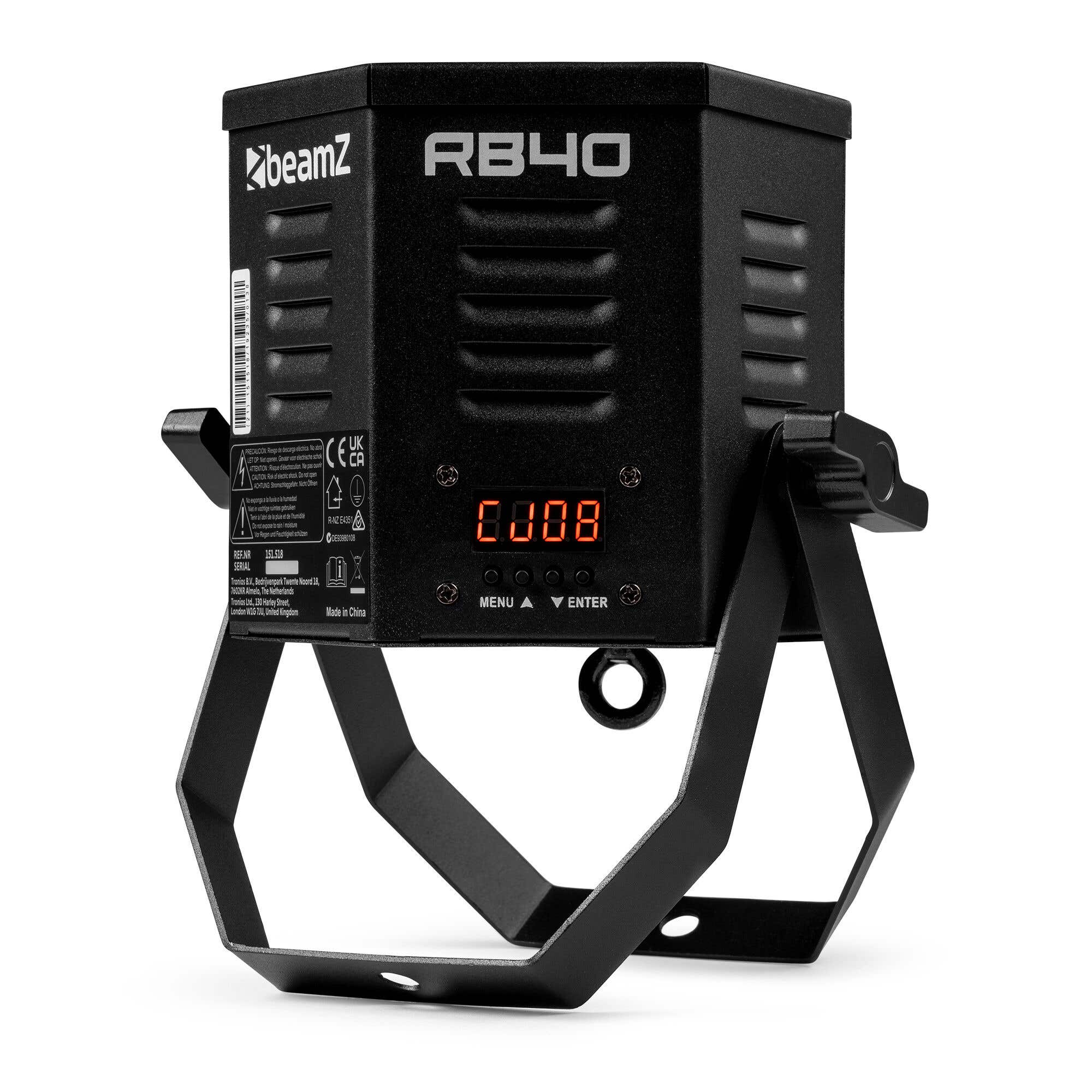 Luz negra Beamz RB40 con pantalla digital y botones de control. Se encuentra en un soporte negro. Fondo blanco.
