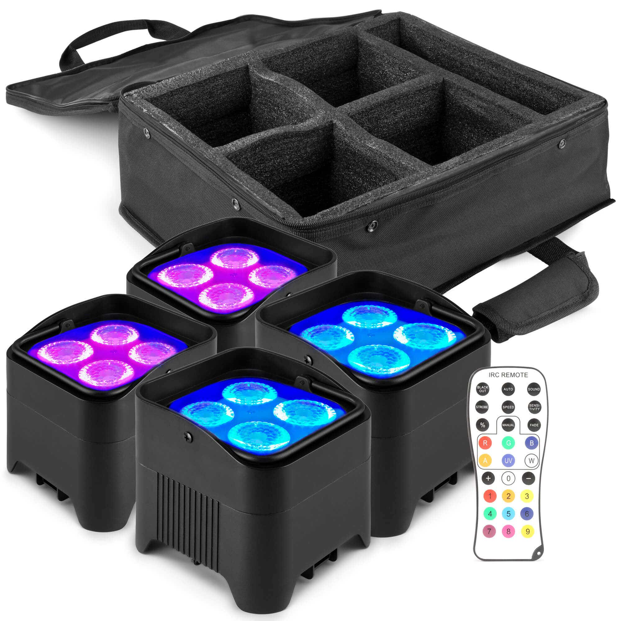 Cuatro luces de escenario negras con luces de colores, un mando a distancia y una funda de transporte con inserciones de espuma.