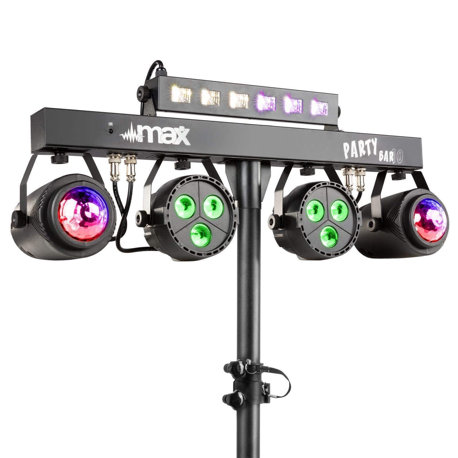 Soporte de luz de fiesta negro con luces de varios colores. El soporte está sobre un fondo blanco.