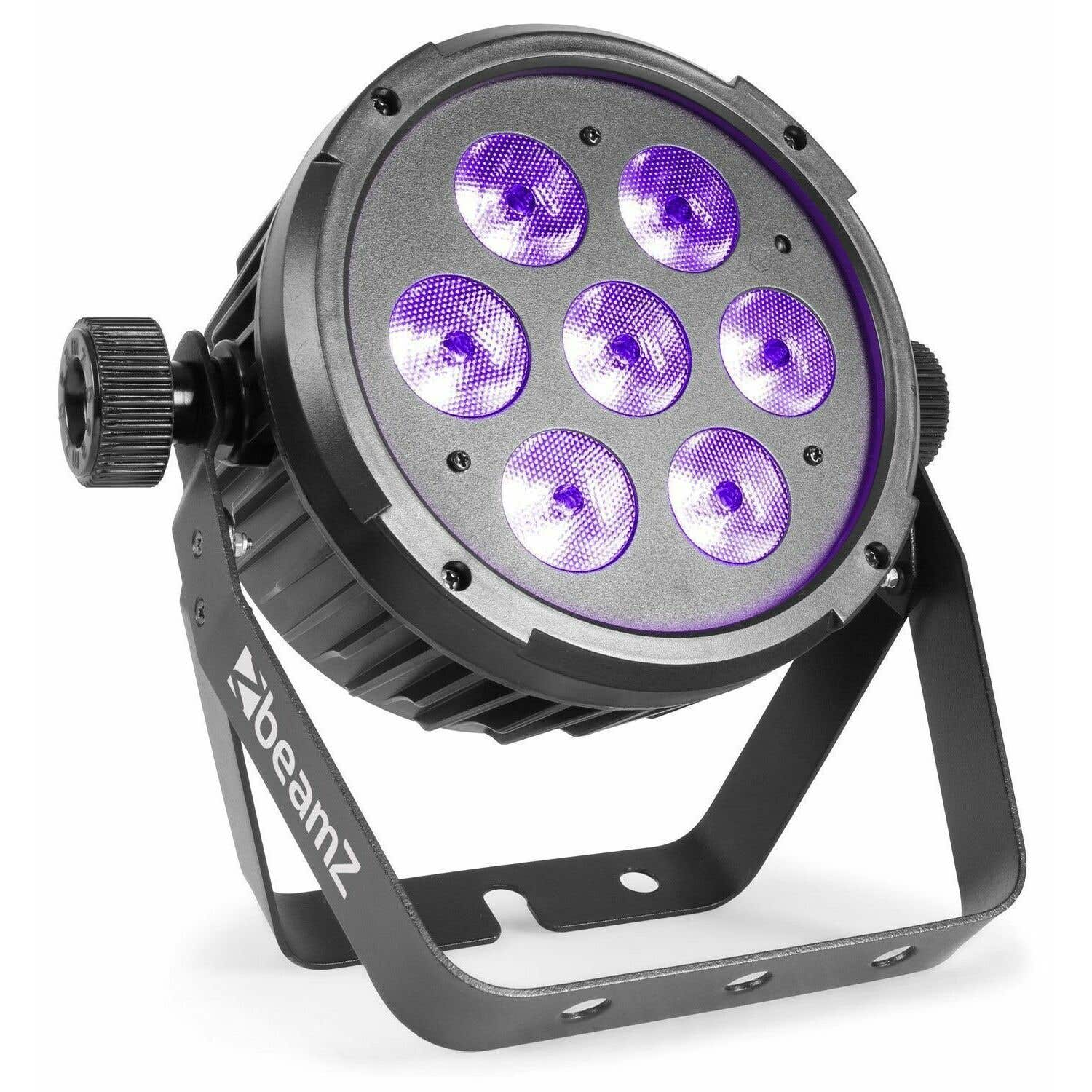 Una luz par LED Beamz. Tiene una carcasa y soporte negros, con seis LED morados. Hay una perilla en el lateral y el logotipo es visible.
