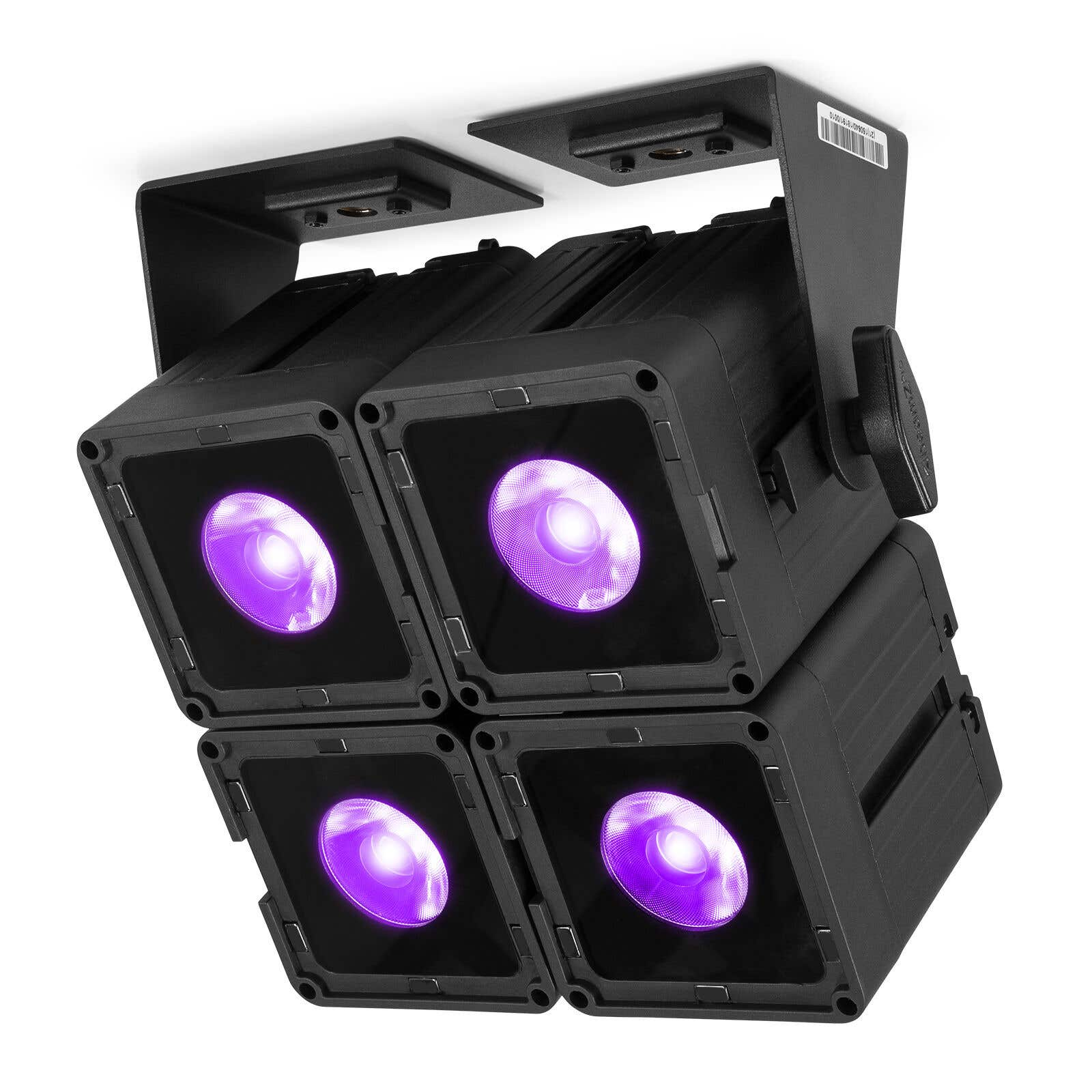 Focos negros con cuatro cabezales cuadrados, cada uno con luz púrpura brillante, montados sobre fondo blanco.