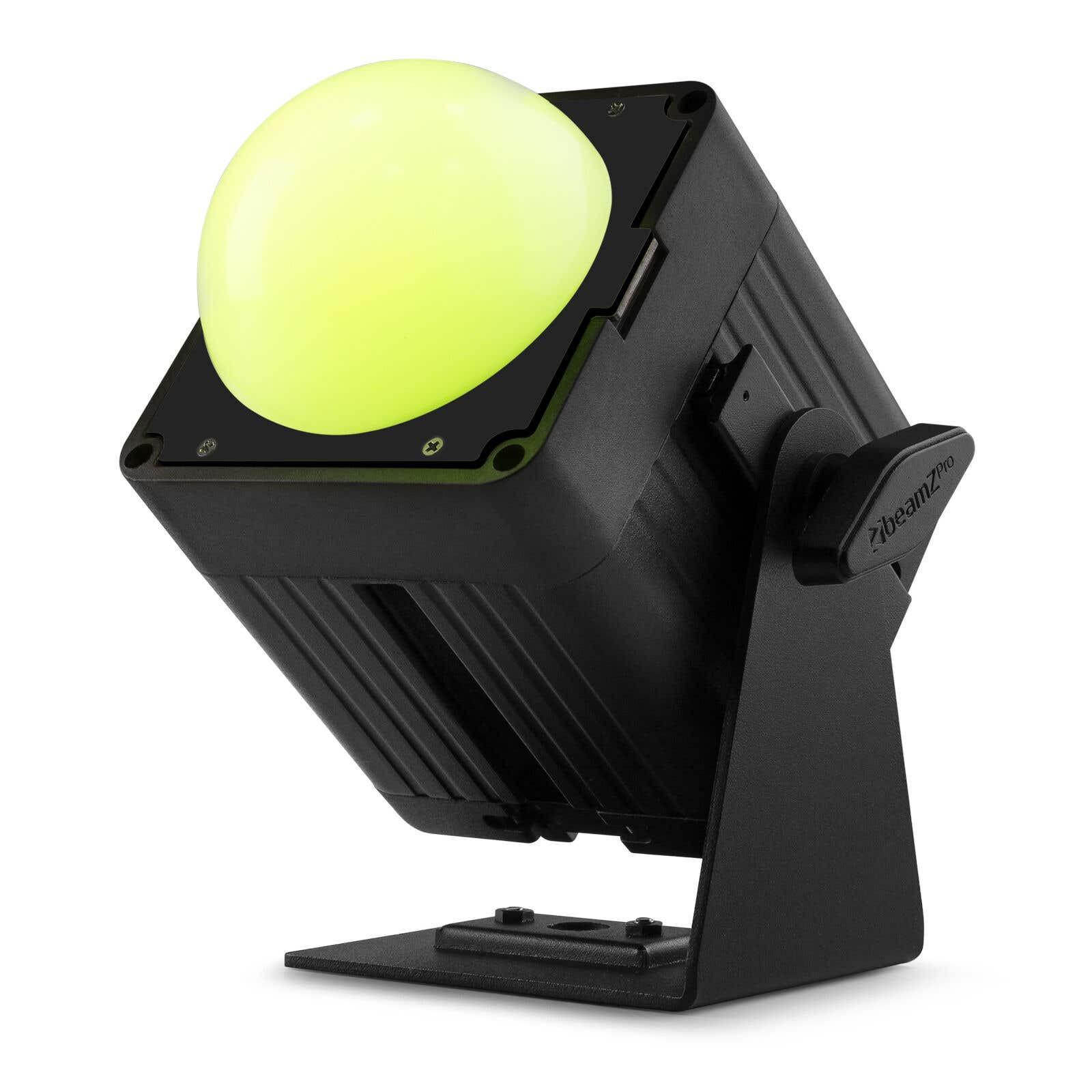 Una luz de escenario negra con una esfera amarilla. Está sobre un soporte y se ve la marca 'beamZpro'.